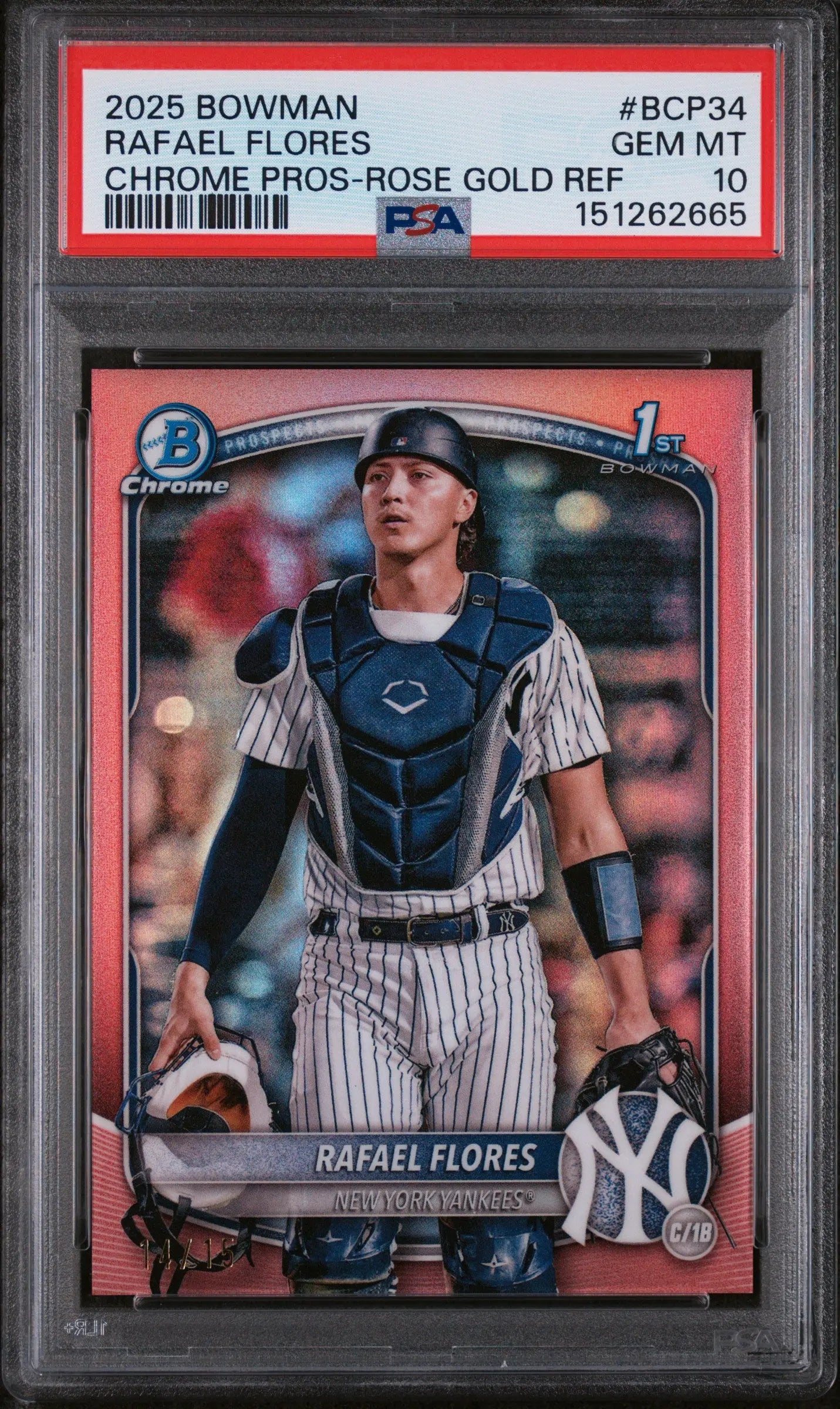 2025 Topps Bowman Chrome Prospects Rafael Flores Rose Gold Ref /15 PSA 10 