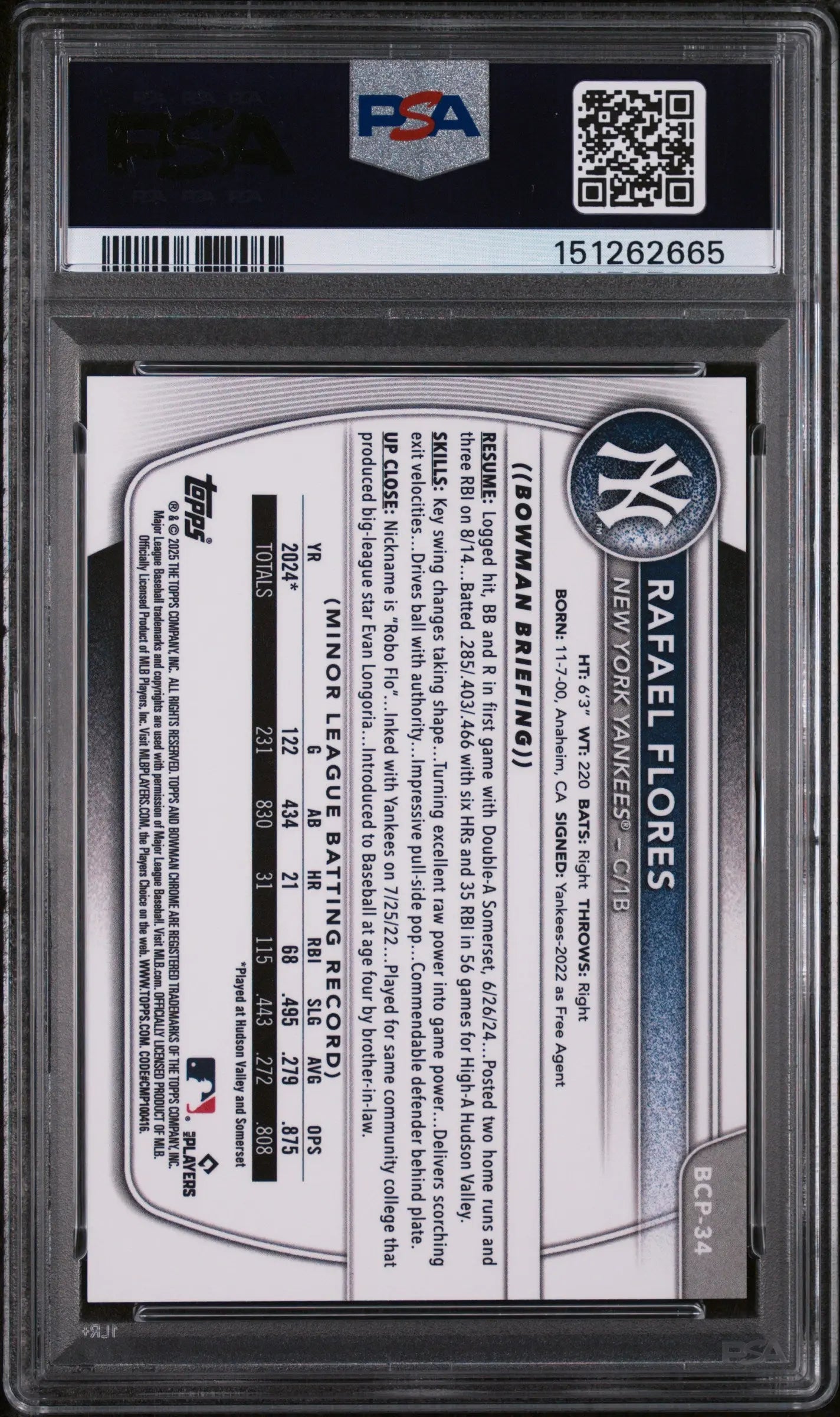 2025 Topps Bowman Chrome Prospects Rafael Flores Rose Gold Ref /15 PSA 10 