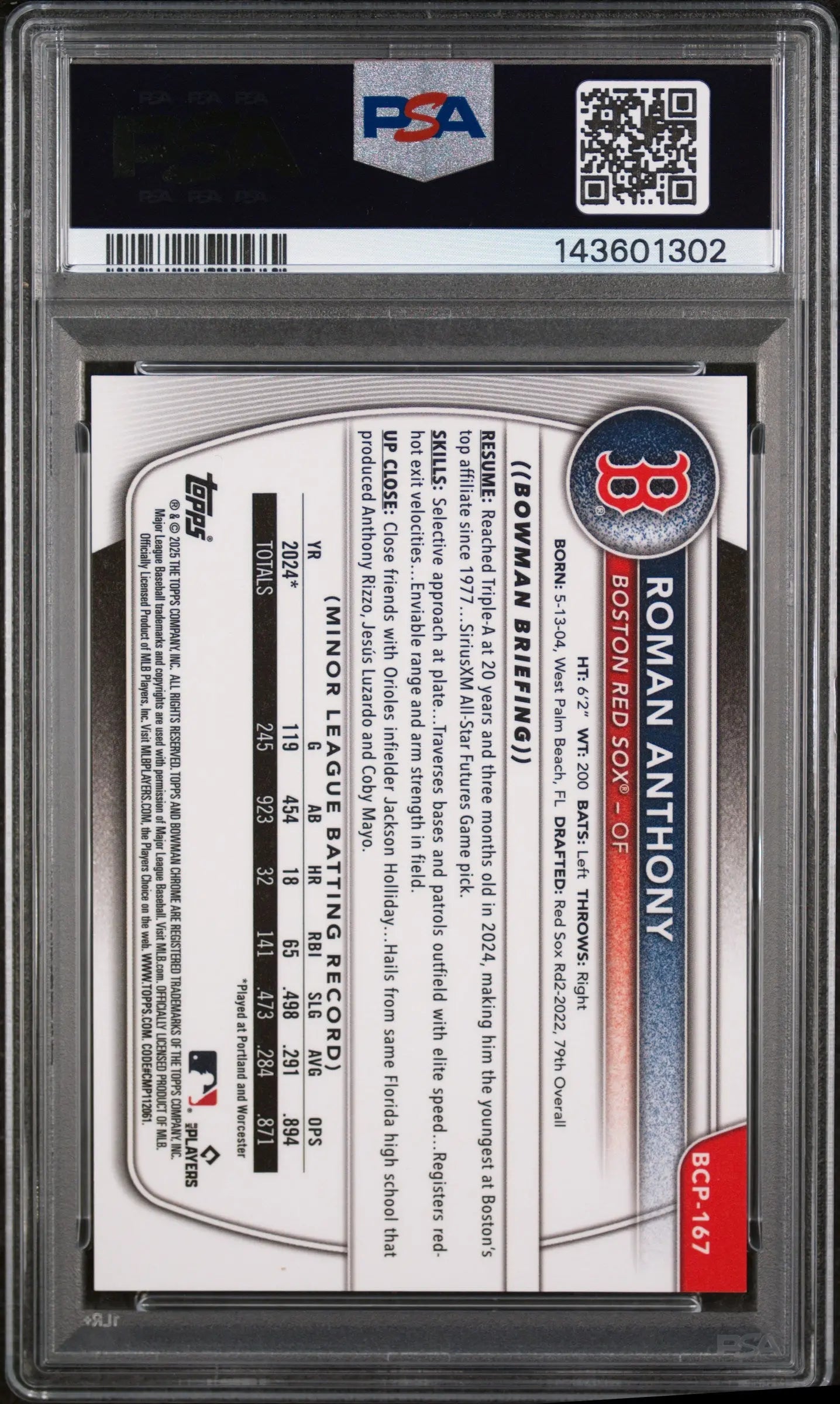 2025 Topps Bowman Chrome Prospects Roman Anthony Gold Reptilian /50 PSA 9 