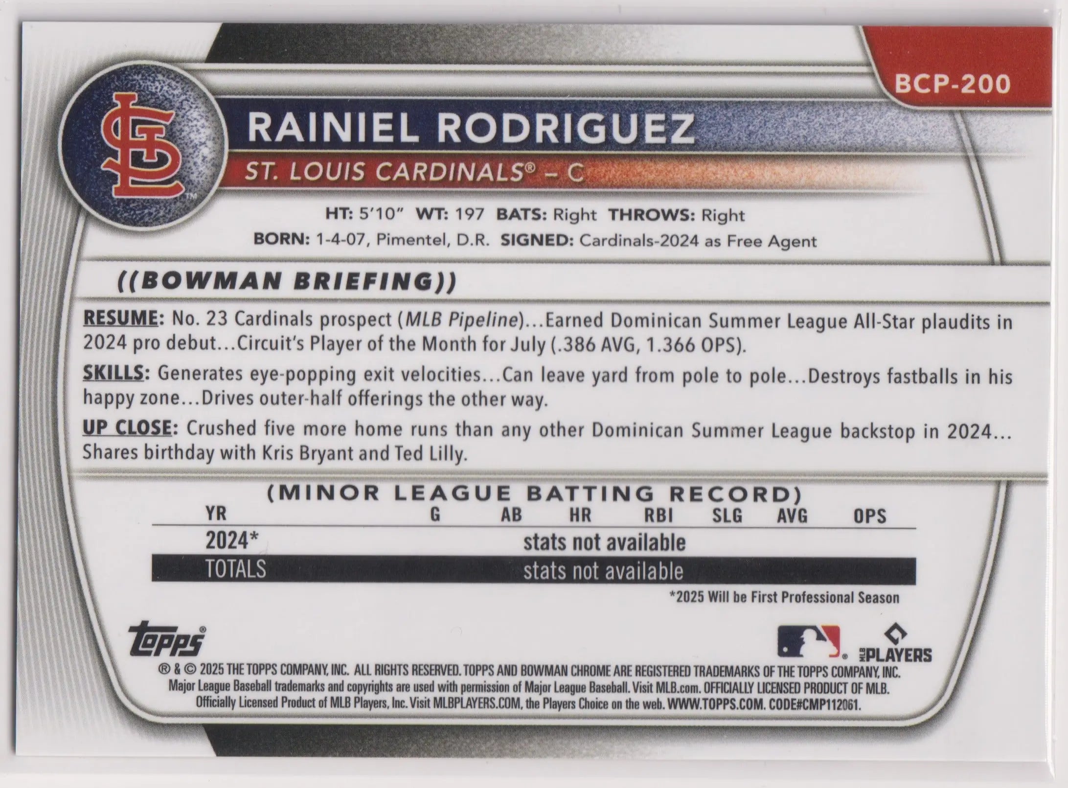 2025 Topps Bowman Chrome Rainiel Rodriguez Gold Cracked Ice /50 