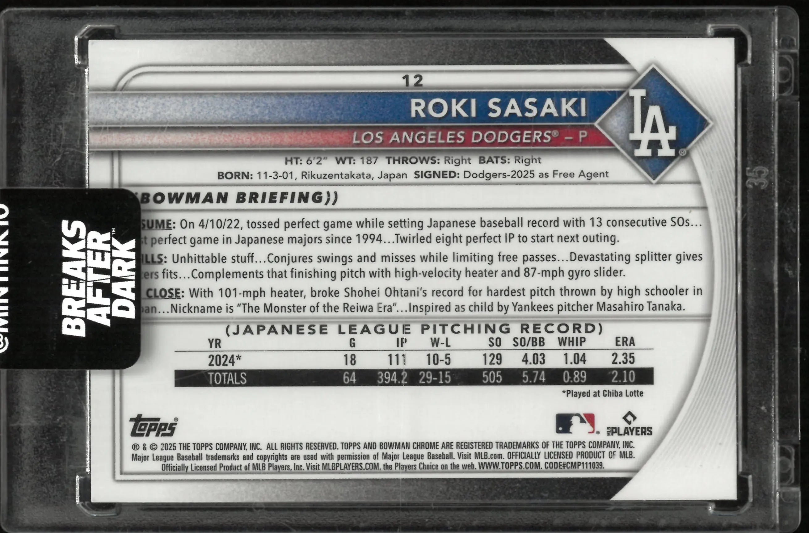 2025 Topps Bowman Chrome Roki Sasaki Rookie Green Mojo /99 RC 