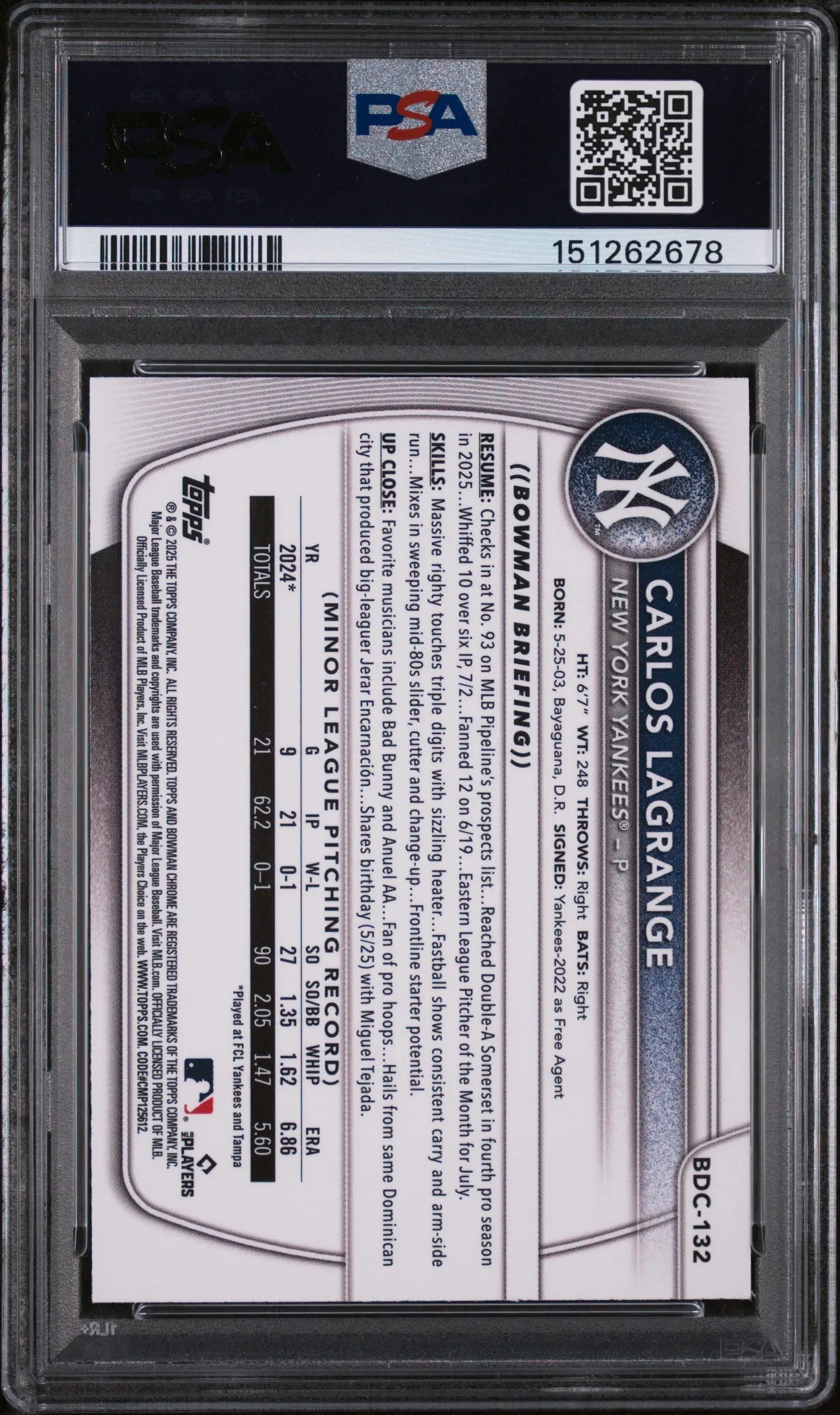 2025 Topps Bowman Draft Carlos Lagrange Chrome Green Grass Ref /99 PSA 9 