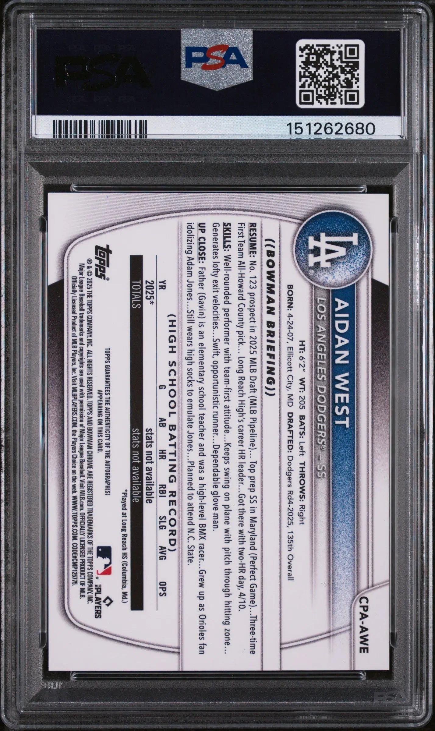 2025 Topps Bowman Draft Chrome Prospect Autographs Aidan West Auto PSA 10 