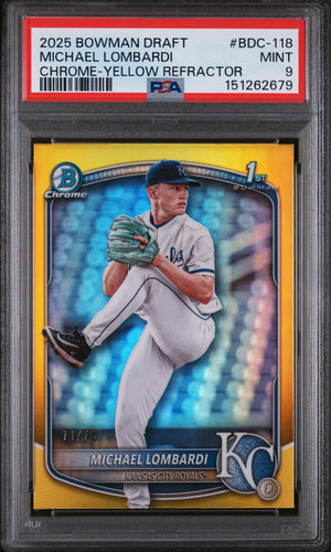 2025 Topps Bowman Draft Michael Lombardi Chrome Yellow Refractor /75 PSA 9 