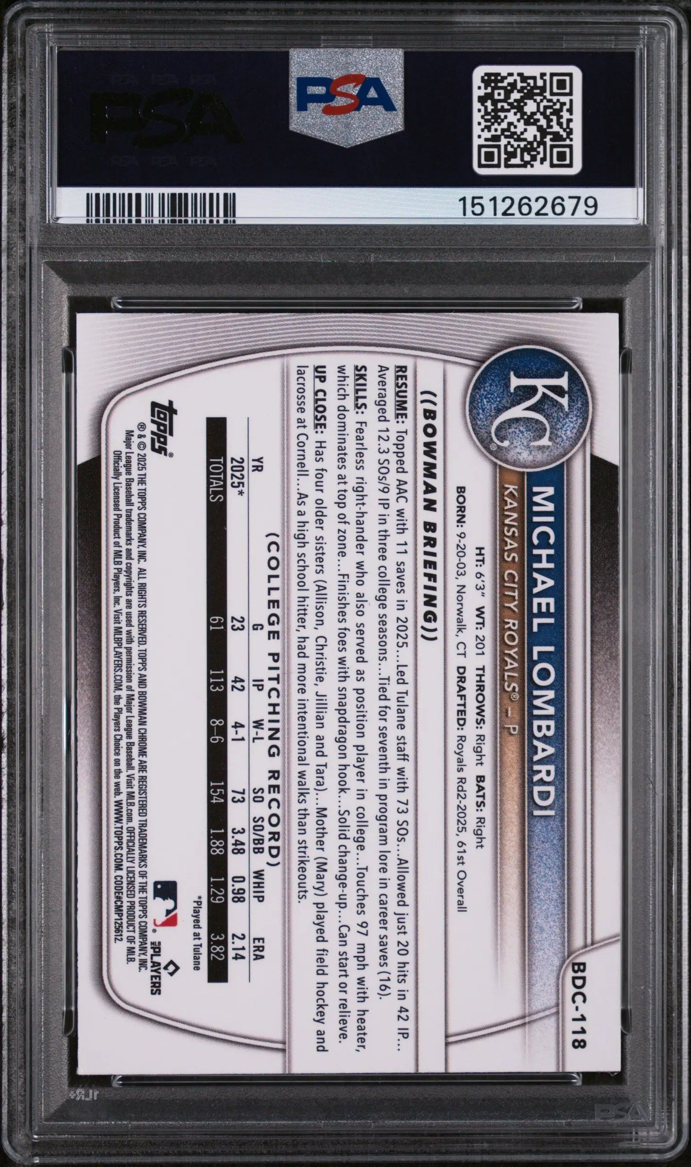 2025 Topps Bowman Draft Michael Lombardi Chrome Yellow Refractor /75 PSA 9 