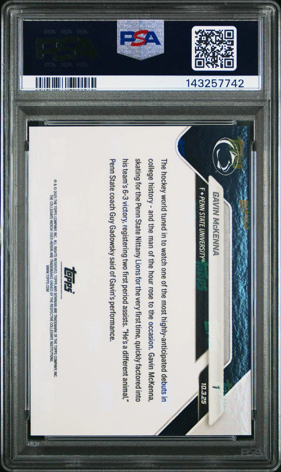 2025 Topps Bowman U Now Collegiate Debut Gavin McKenna PSA 10 