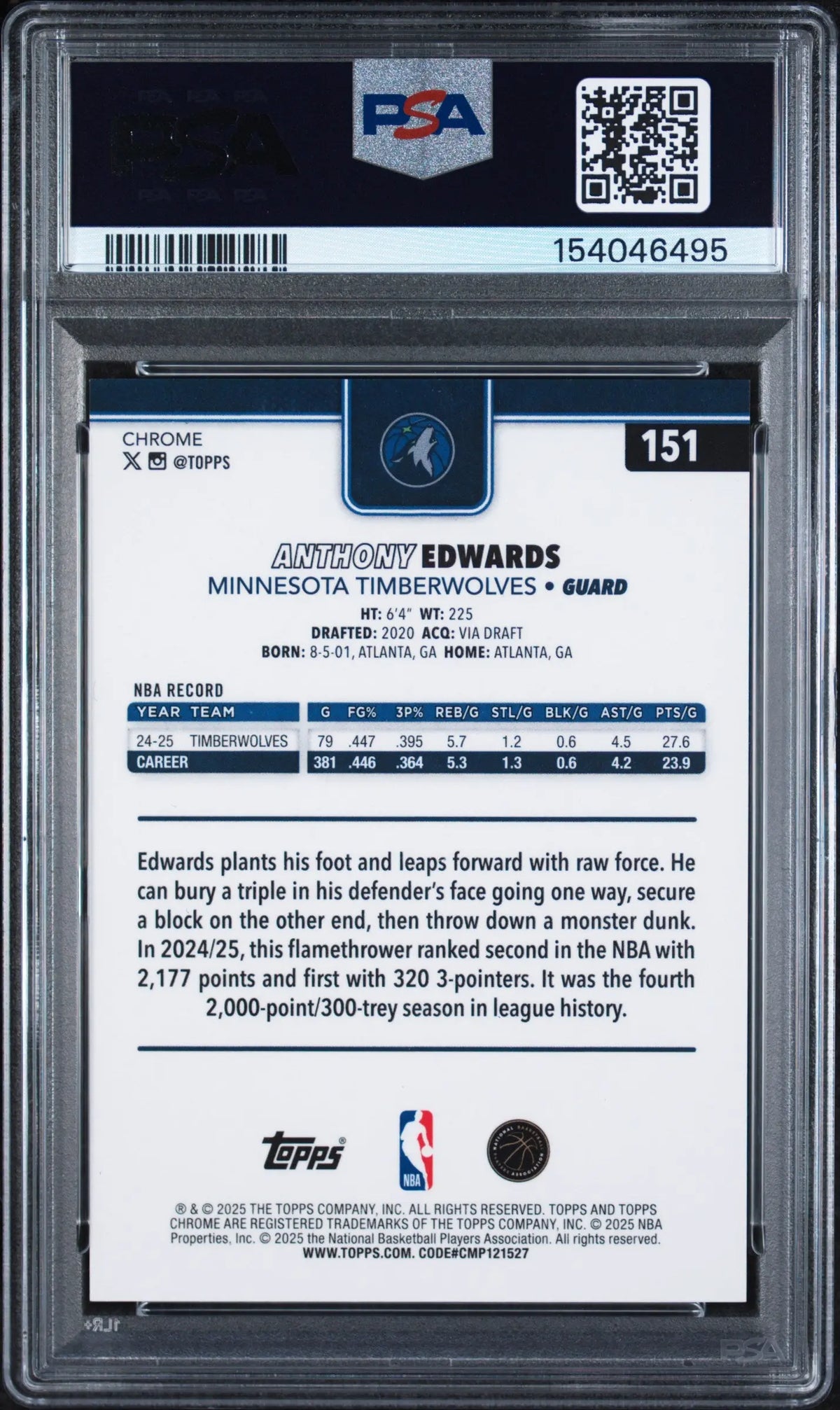 2025 Topps Chrome Anthony Edwards Gold Refractor /50 PSA 8 