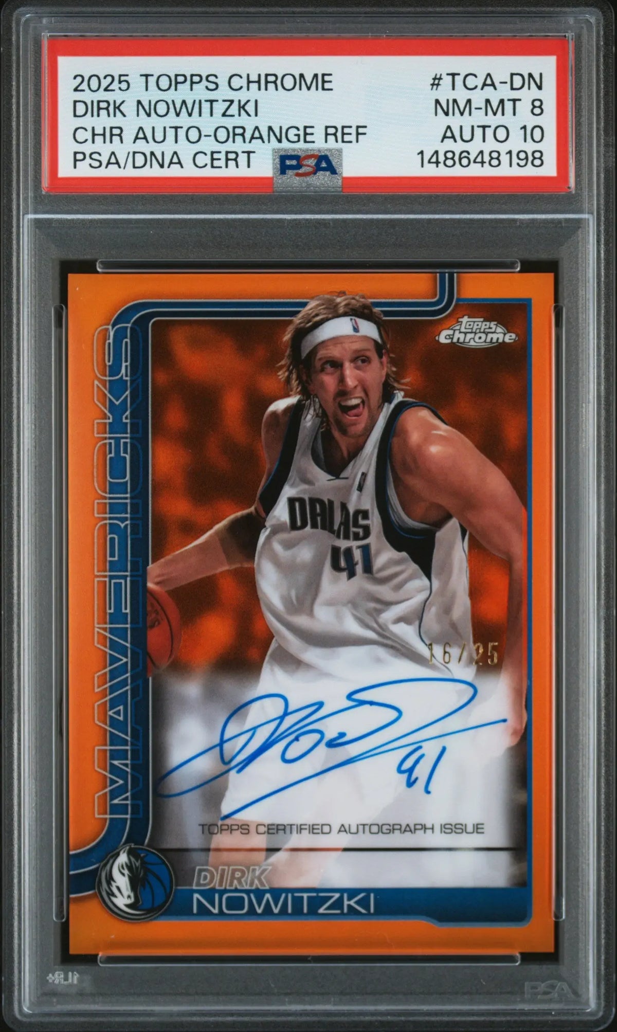 2025 Topps Chrome Auto Dirk Nowitzki Orange Refractor PSA 8 /25 