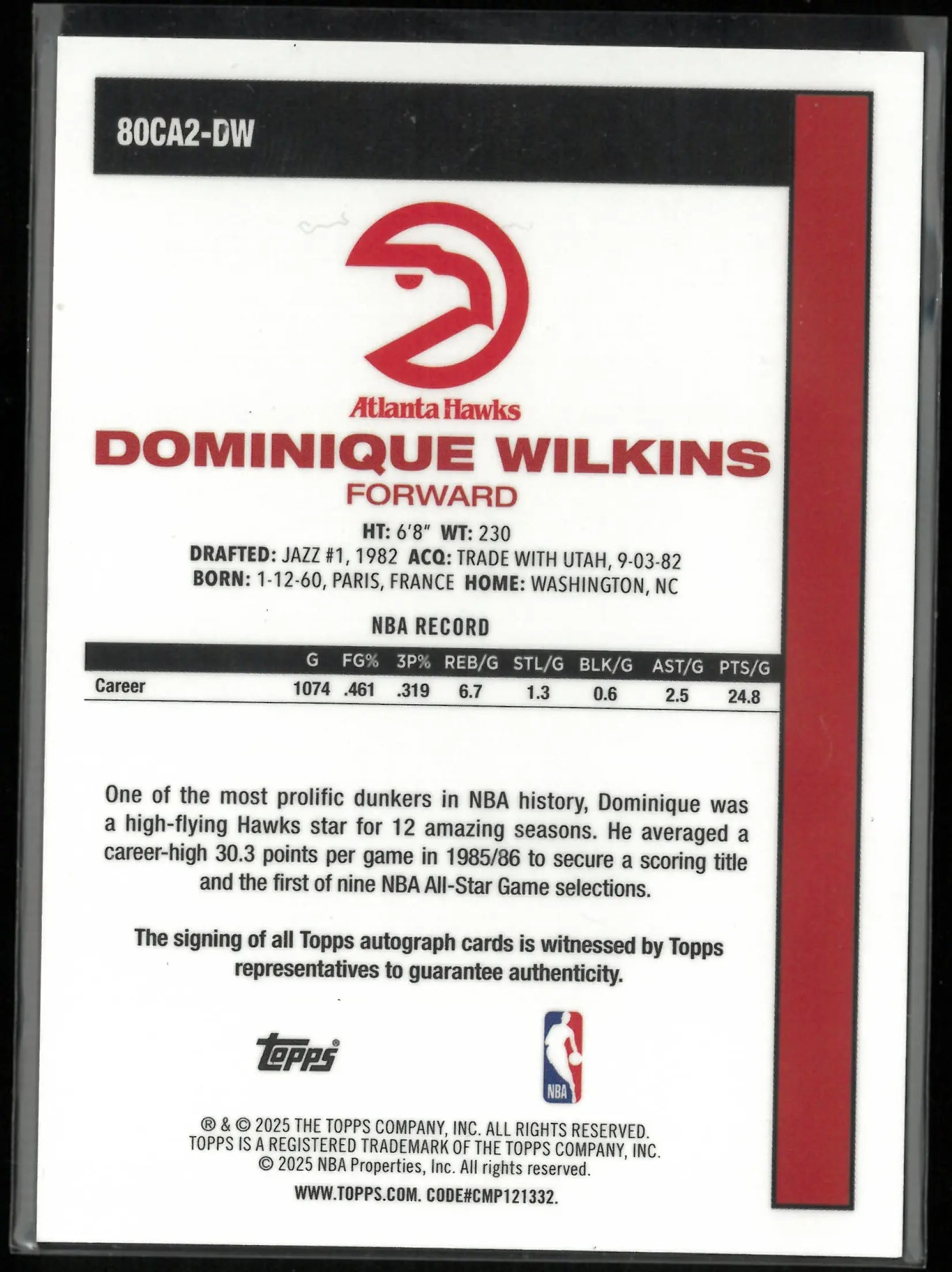 2025 Topps Chrome Autograph Dominique Wilkins Auto Orange Mojo /25 