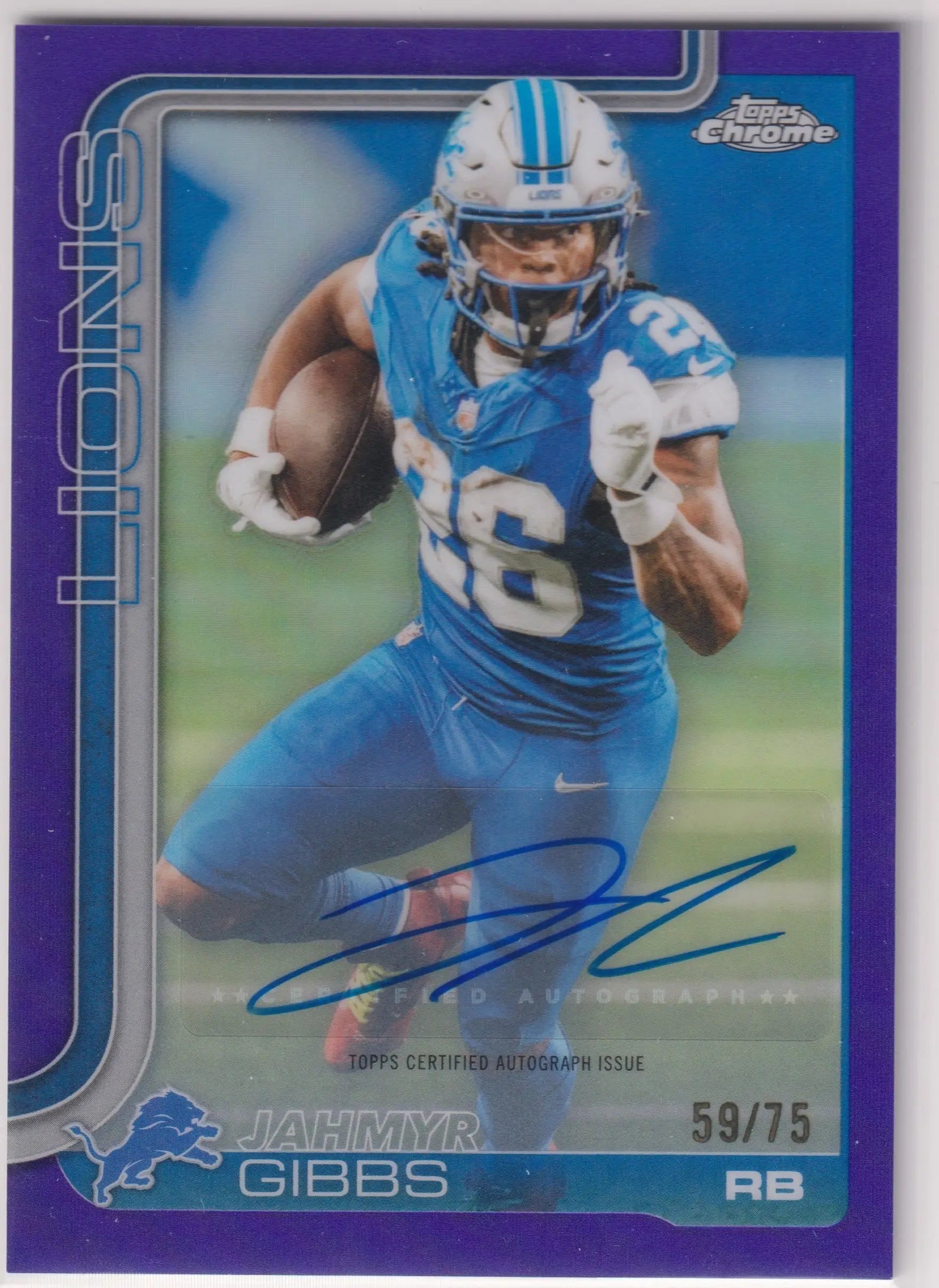 2025 Topps Chrome Autograph Jahmyr Gibbs Auto Purple /75 