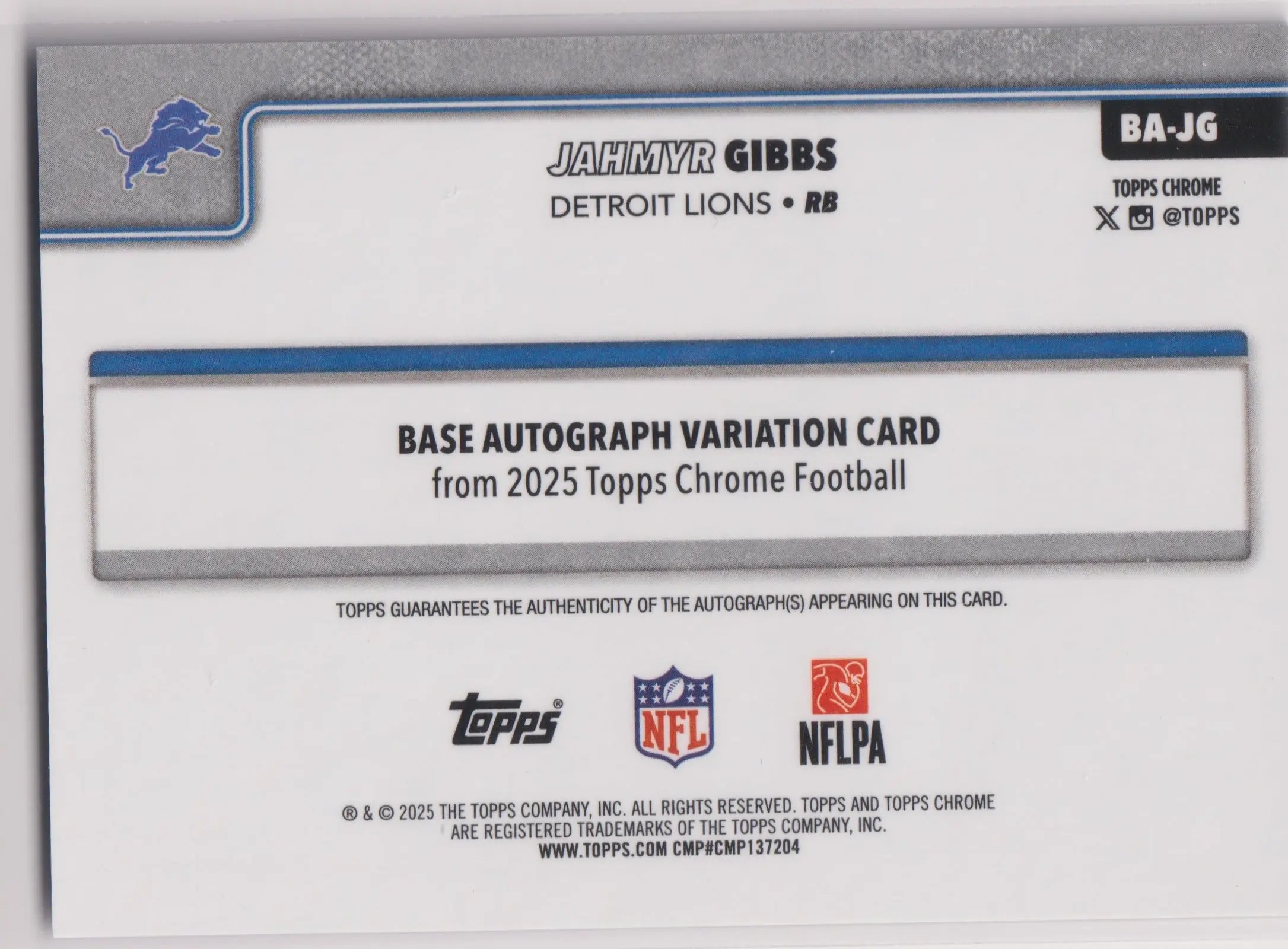 2025 Topps Chrome Autograph Jahmyr Gibbs Auto Purple /75 