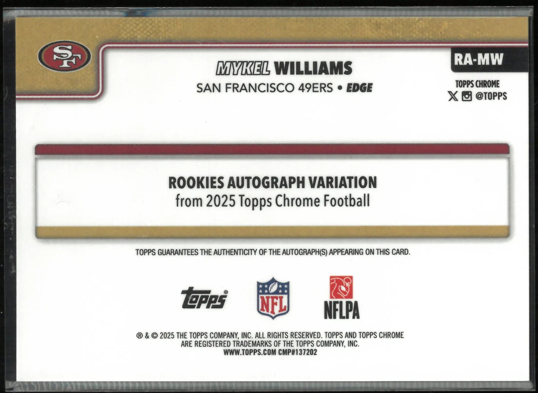 2025 Topps Chrome Autograph Mykel Williams Auto Gold Geometric /50 