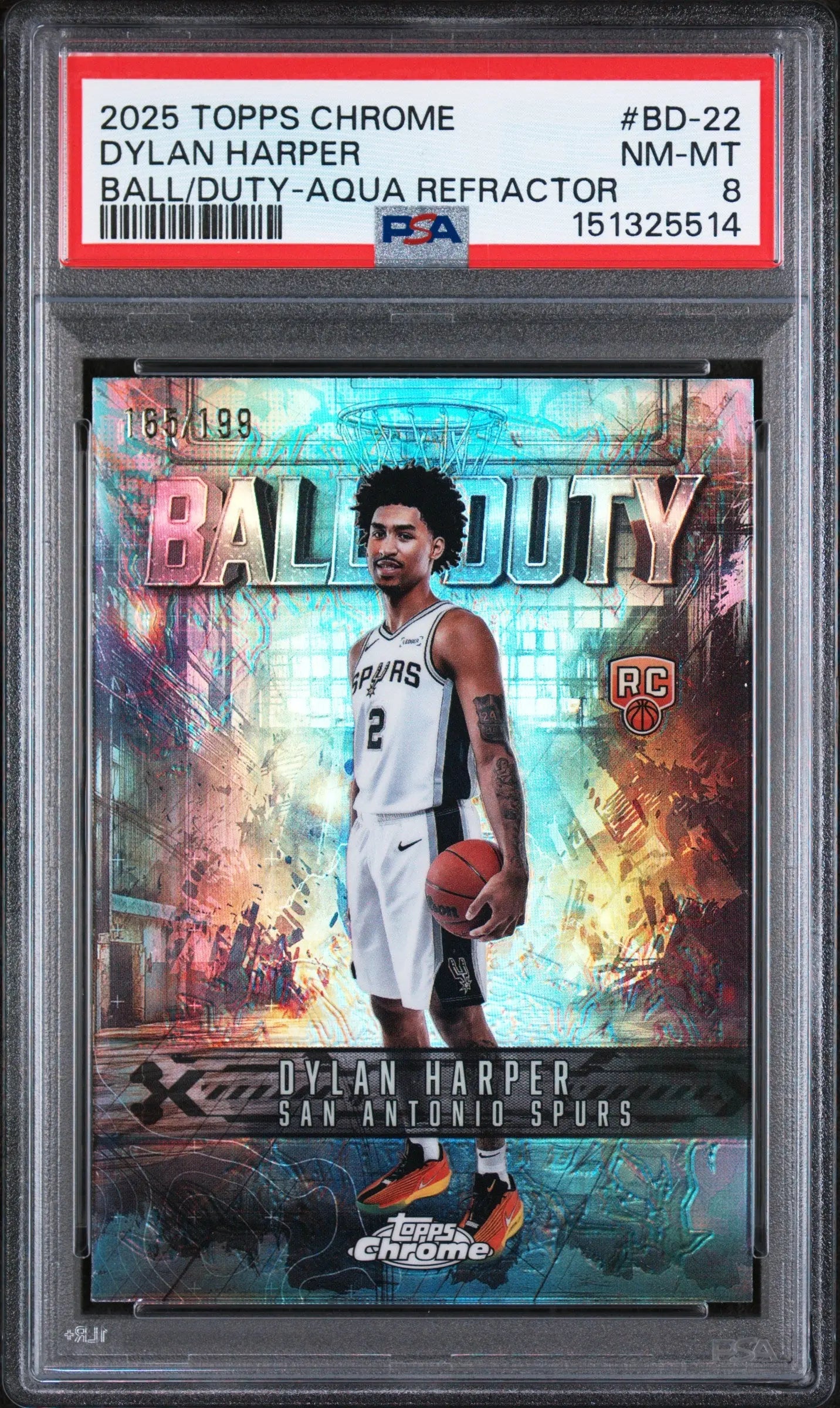 2025 Topps Chrome Ball Of Duty Rookie Dylan Harper Aqua Refractor /199 RC PSA 8 