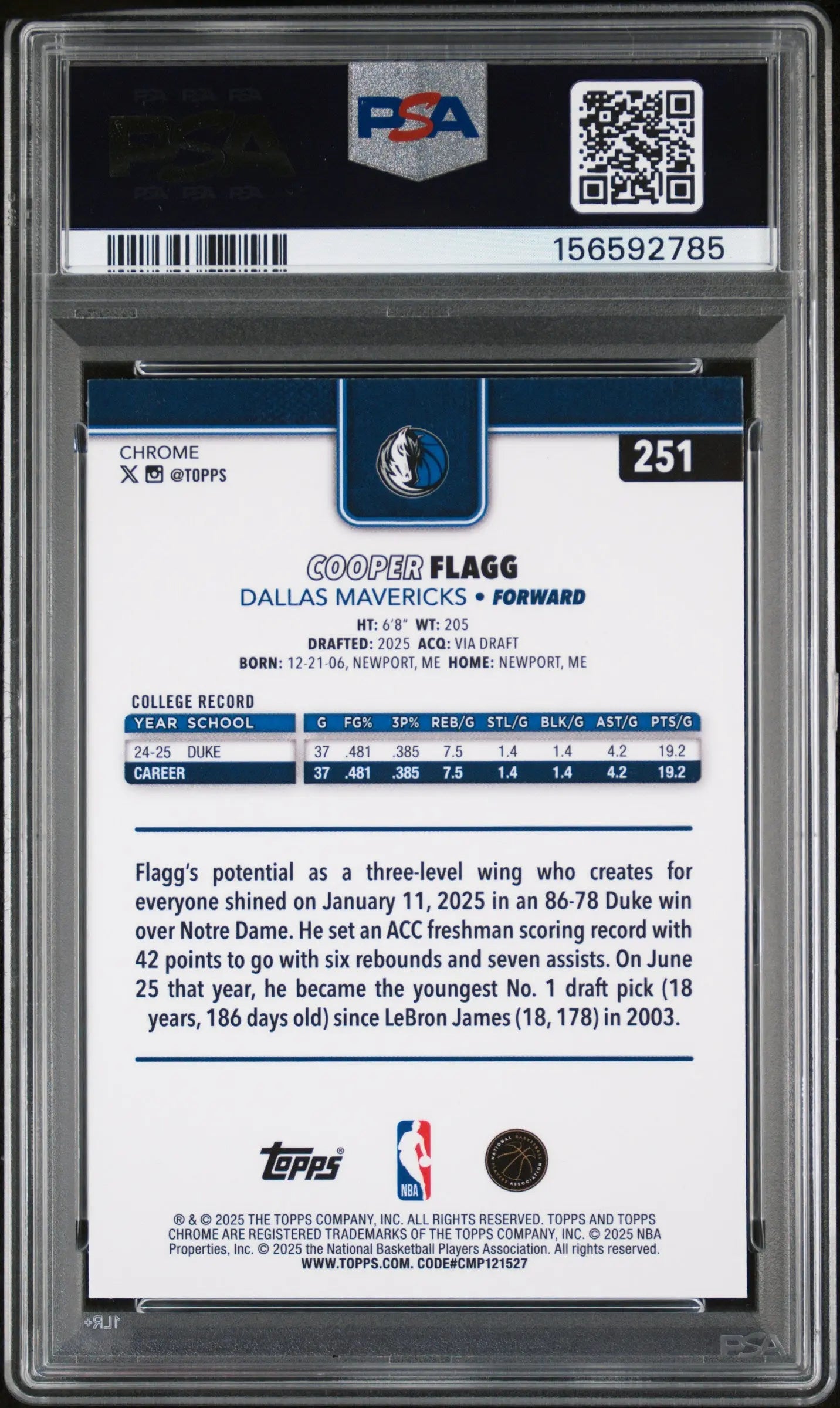 2025 Topps Chrome Basketball Cooper Flagg RC Rookie Blue Wave /150 PSA 9 
