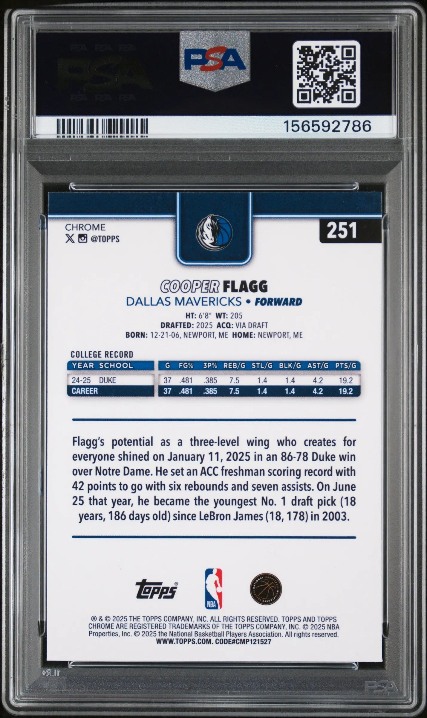 2025 Topps Chrome Basketball Cooper Flagg RC Rookie Green Wave /99 PSA 9 