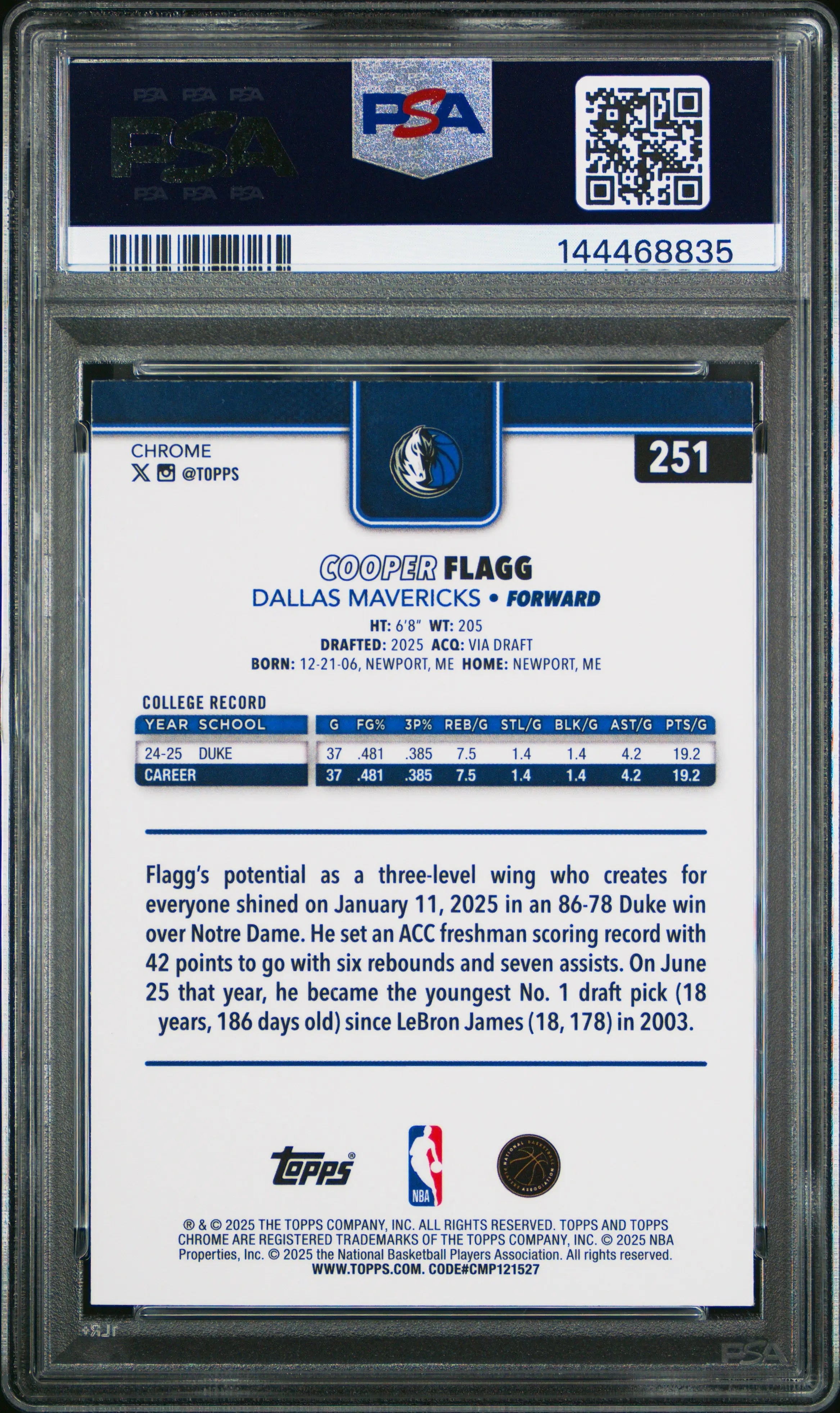 2025 Topps Chrome Basketball Cooper Flagg RC Rookie X Fractor PSA 10 