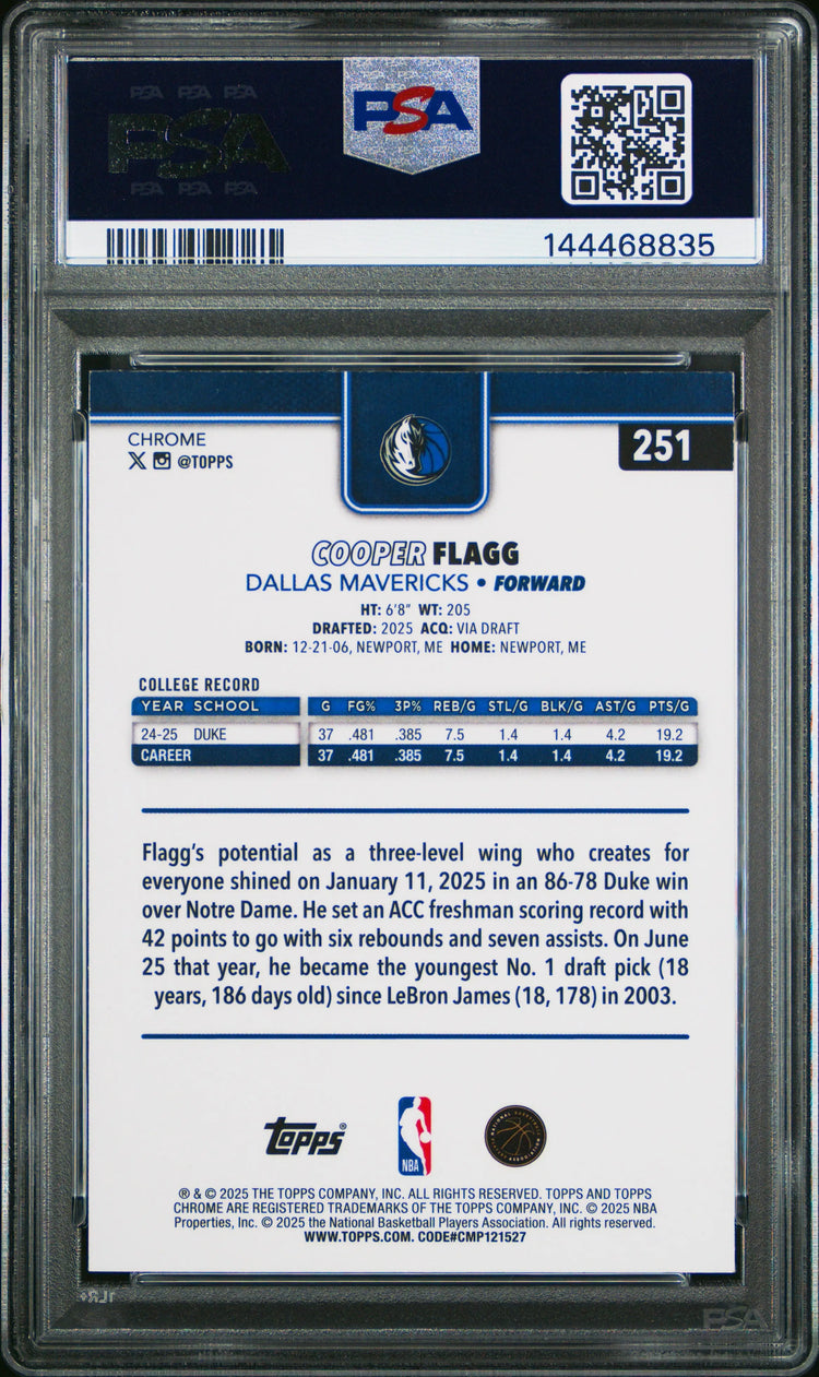 2025 Topps Chrome Basketball Cooper Flagg RC Rookie X Fractor PSA 10 