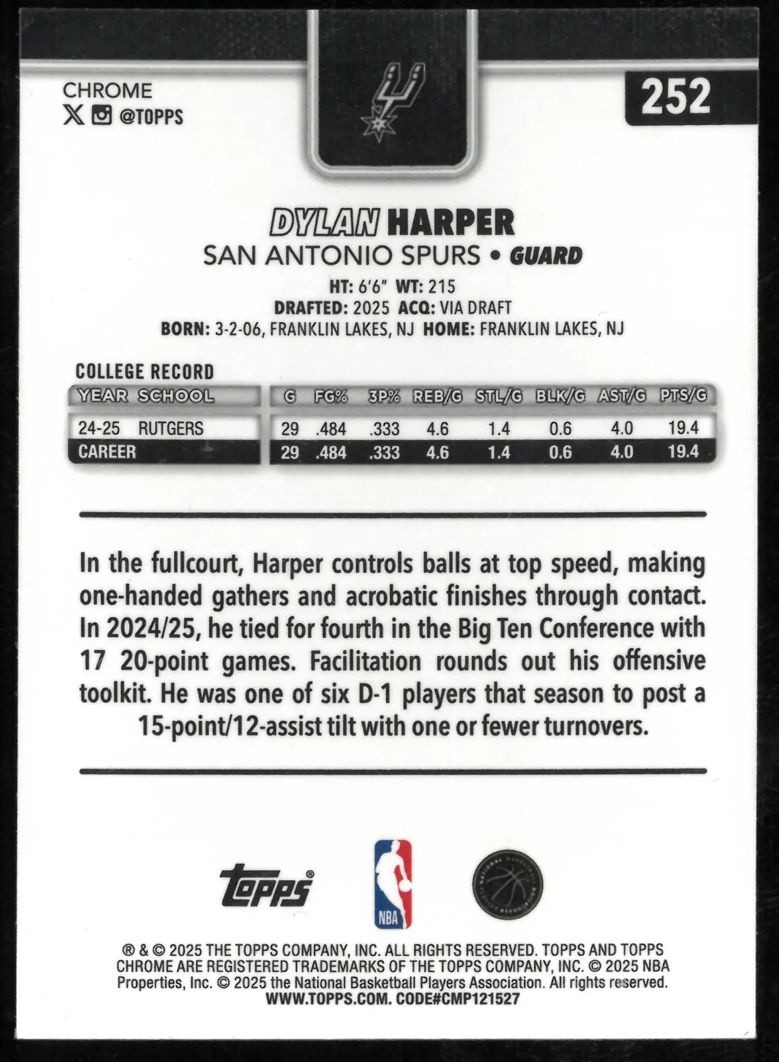 2025 Topps Chrome Basketball Green Refractor Rookie Dylan Harper /99 
