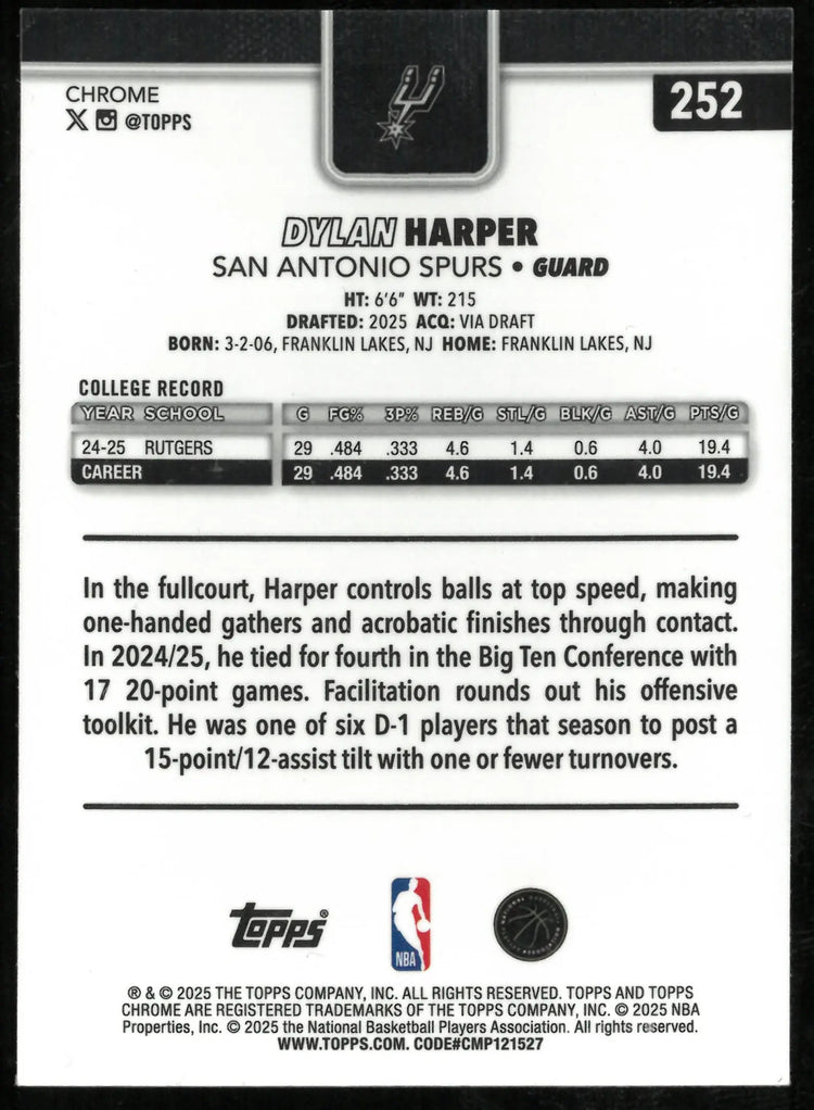 2025 Topps Chrome Basketball Green Refractor Rookie Dylan Harper /99 