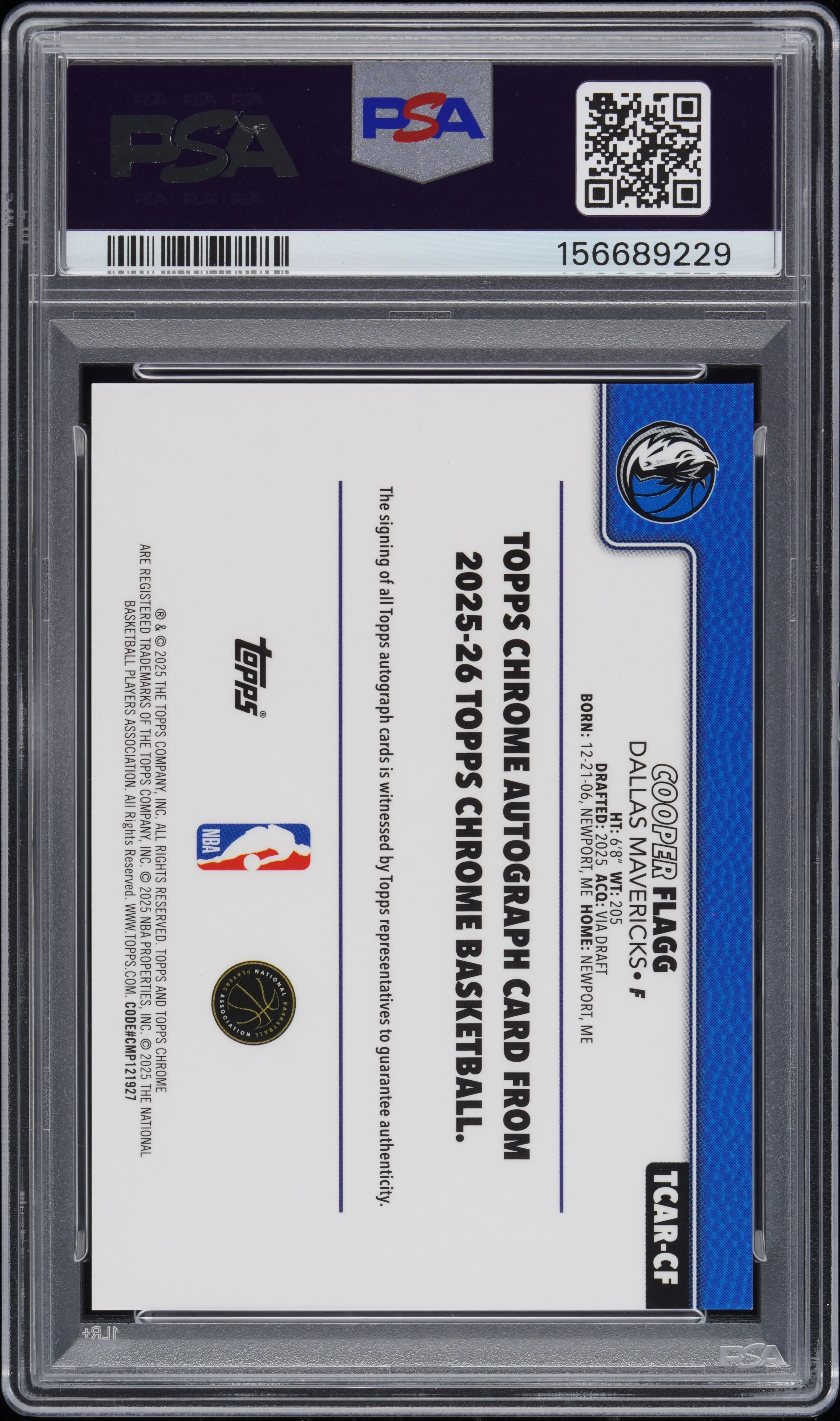 2025 Topps Chrome Basketball RC Rookie Auto Cooper Flagg PSA 10 