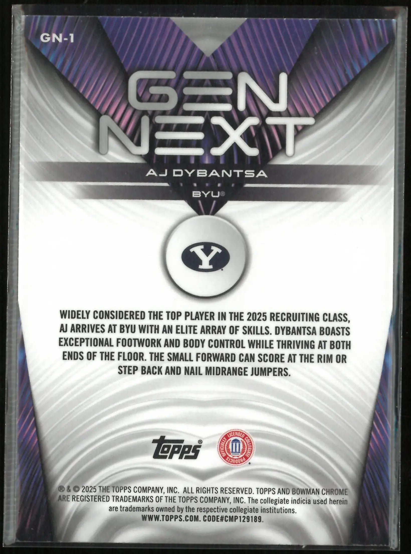 2025 Topps Chrome Bowman University Gen Next AJ Dybantsa Purple /250 