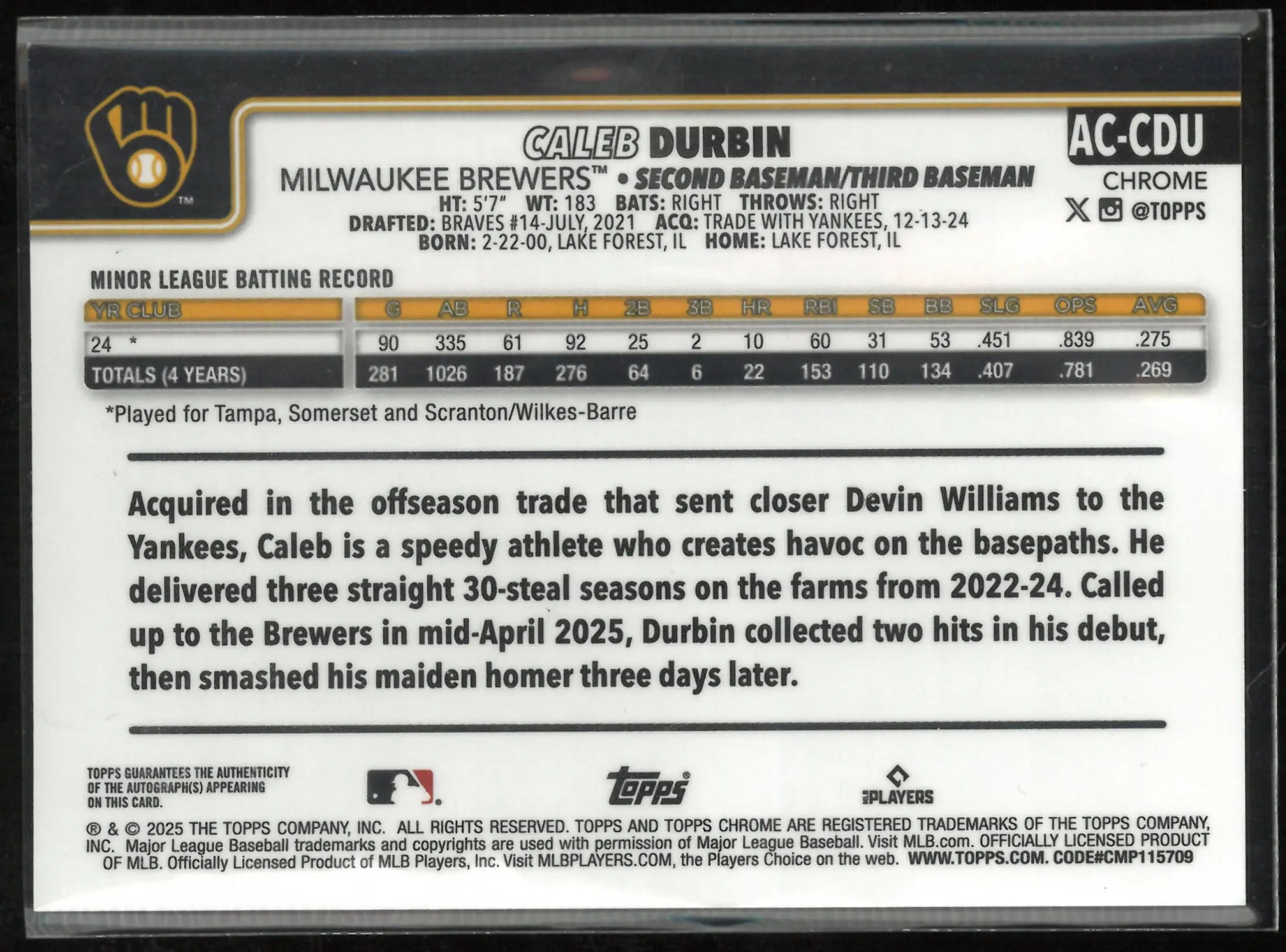 2025 Topps Chrome Caleb Durbin Autograph Rookie Blue 60/150 