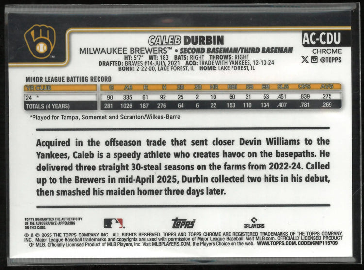 2025 Topps Chrome Caleb Durbin Autograph Rookie Blue 60/150 