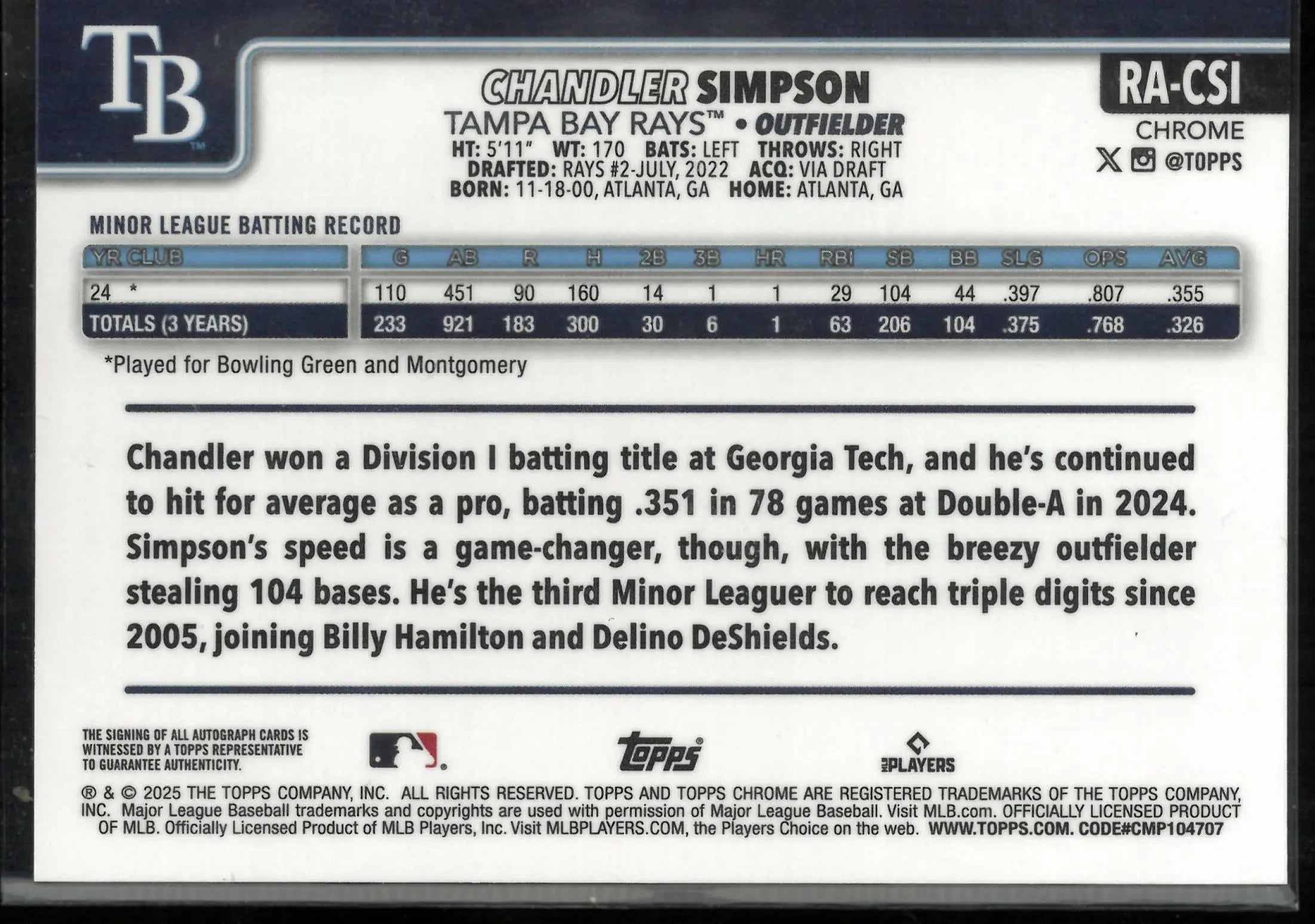2025 Topps Chrome Chandler Simpson Autograph Blue Raywave RC Rookie /150 