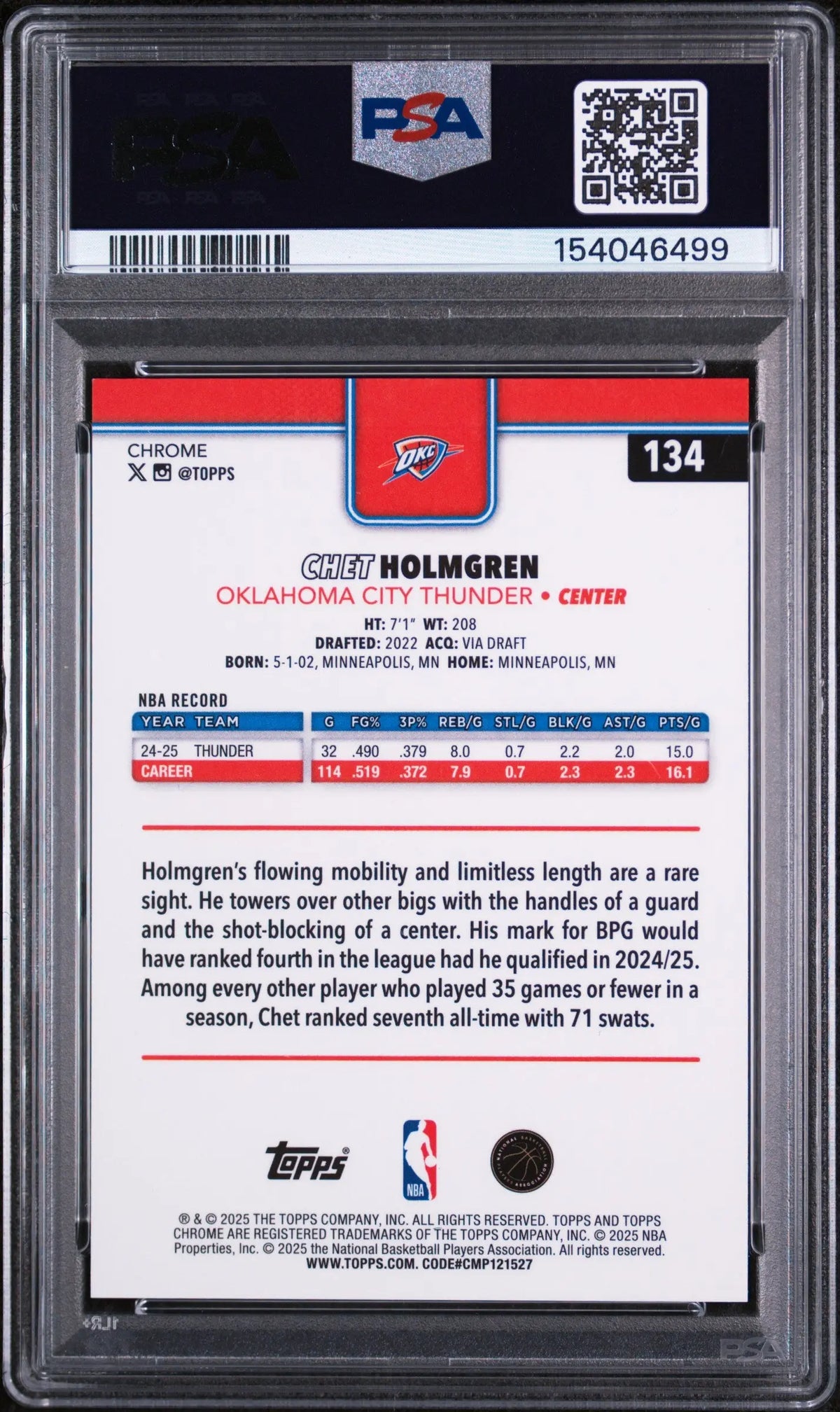 2025 Topps Chrome Chet Holmgren Black Geometric /10 PSA 9 