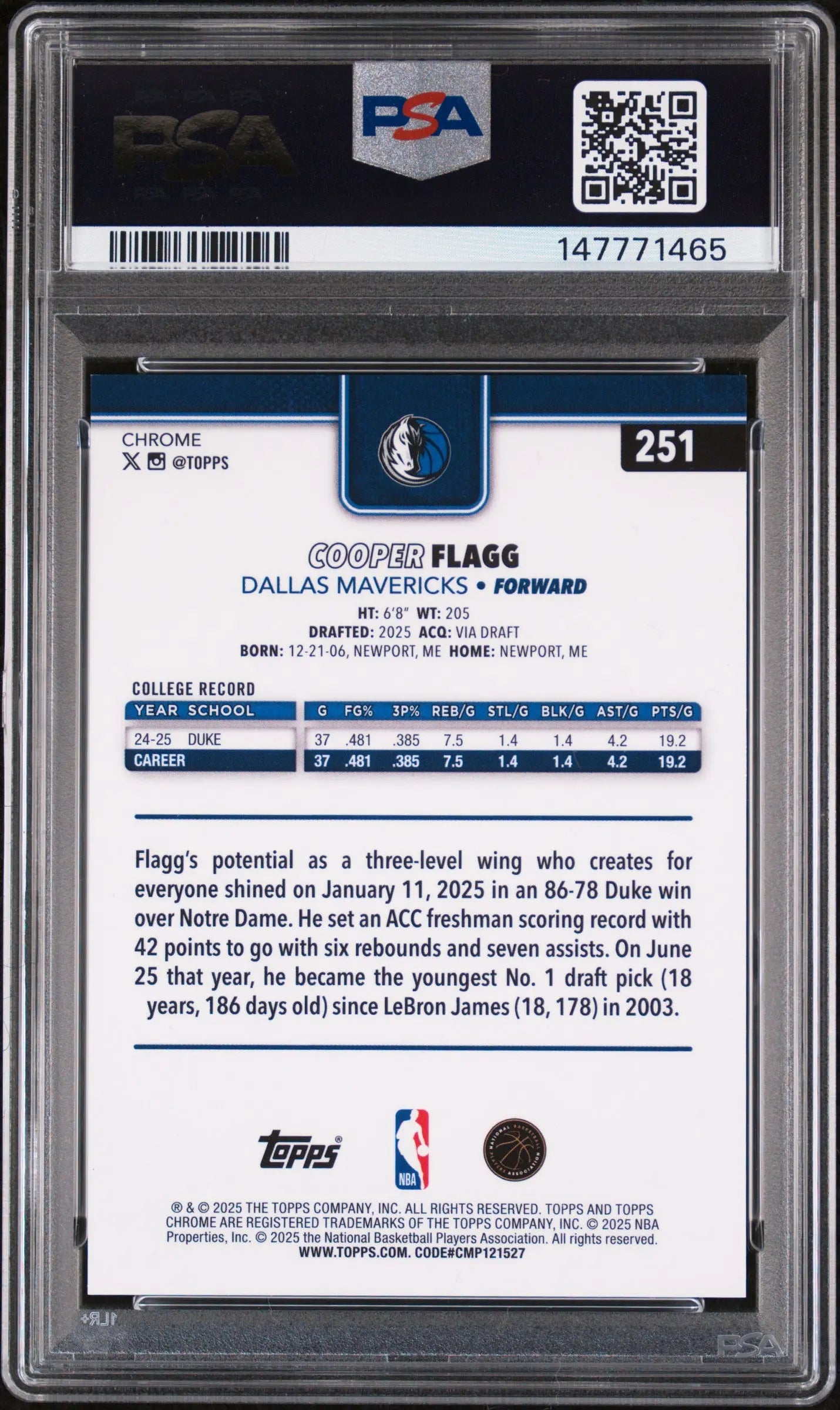 2025 Topps Chrome Cooper Flagg RC Rookie Orange Basketball Refractor /25 PSA 9 