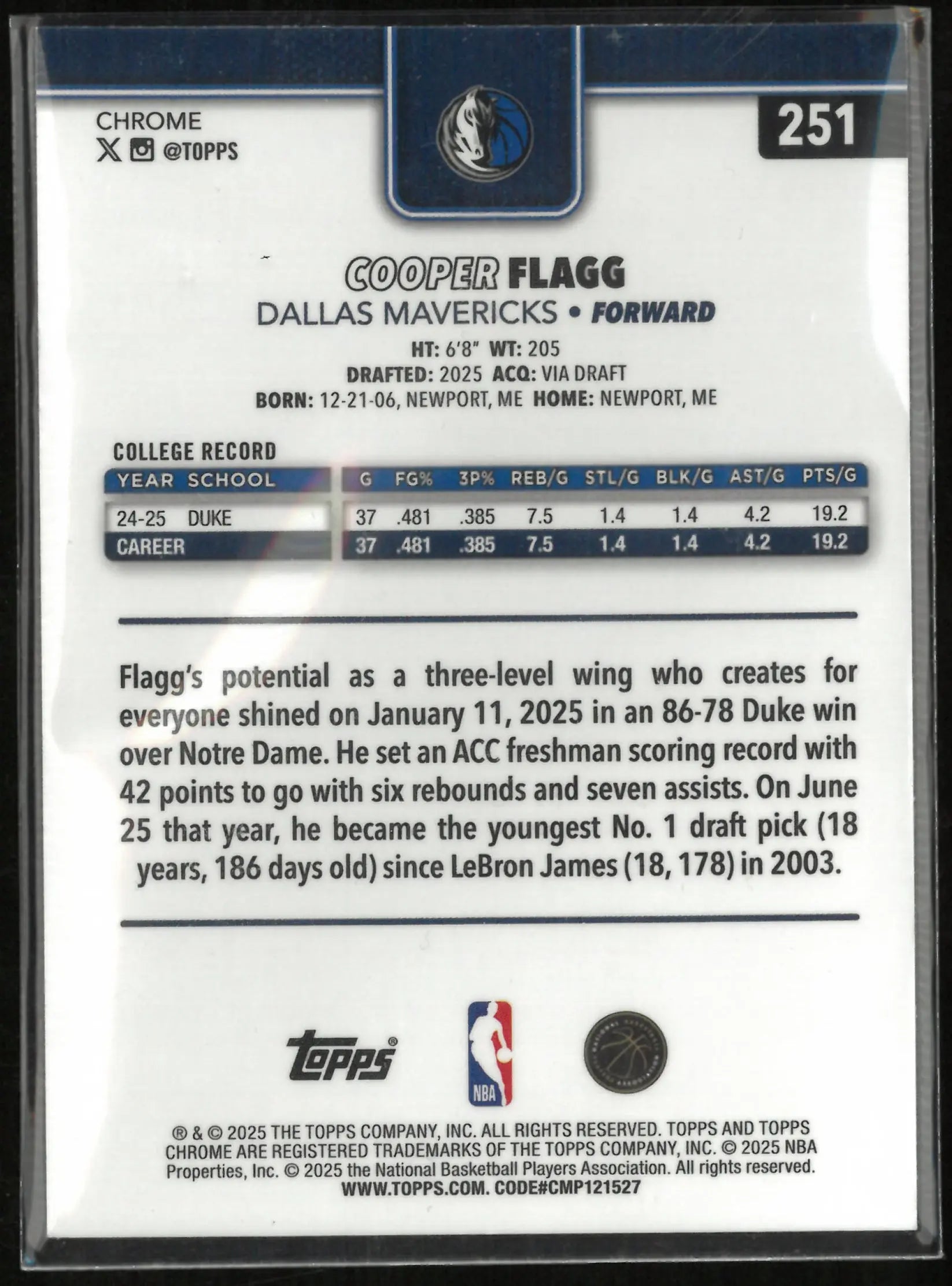 2025 Topps Chrome Cooper Flagg Red/White/Blue RC 251 