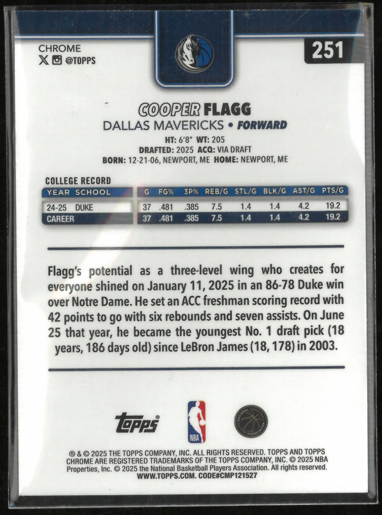 2025 Topps Chrome Cooper Flagg Red/White/Blue RC 251 
