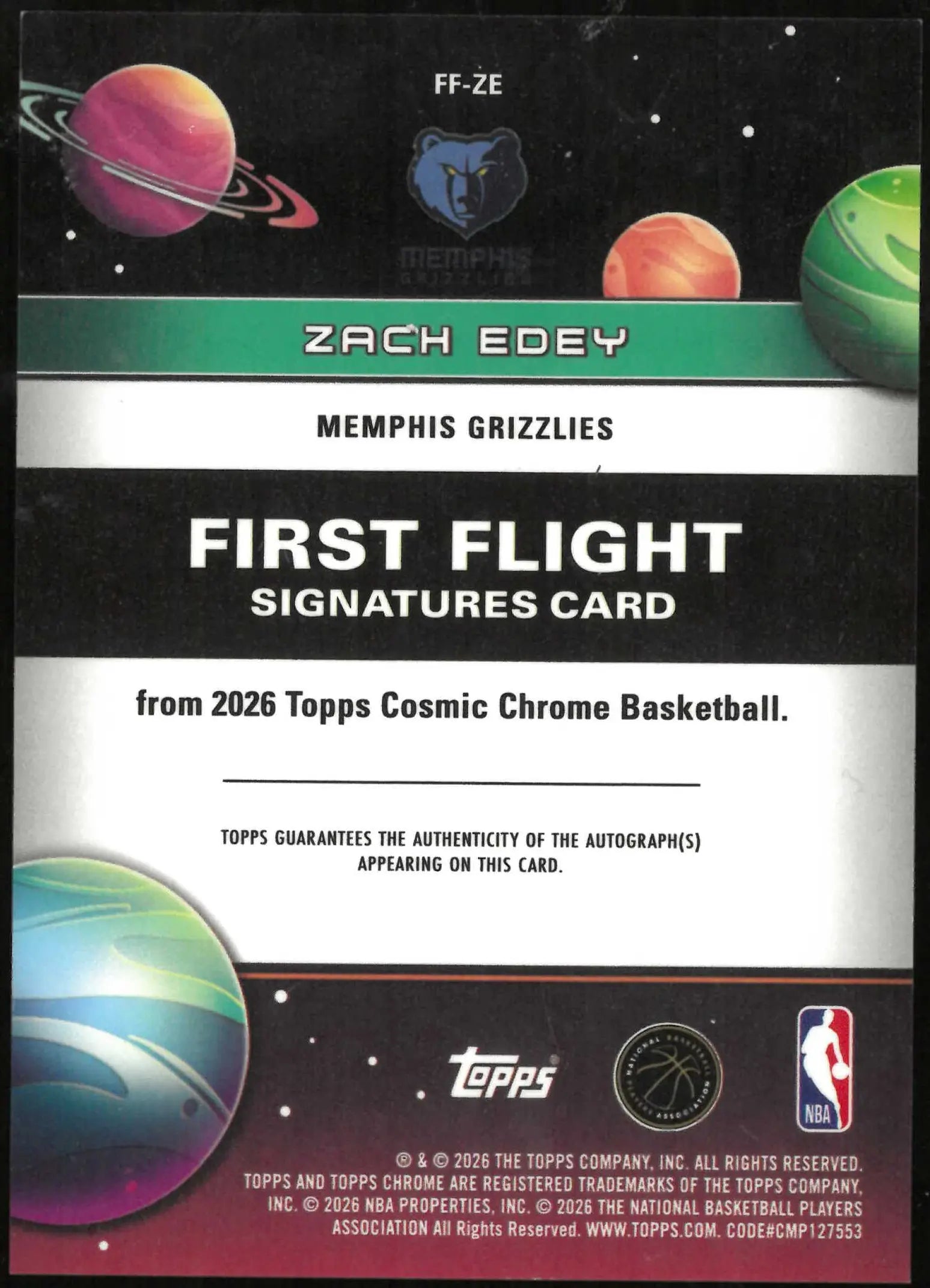 2025 Topps Chrome Cosmic Zach Edey First Flight Auto Orange Refractor /25 