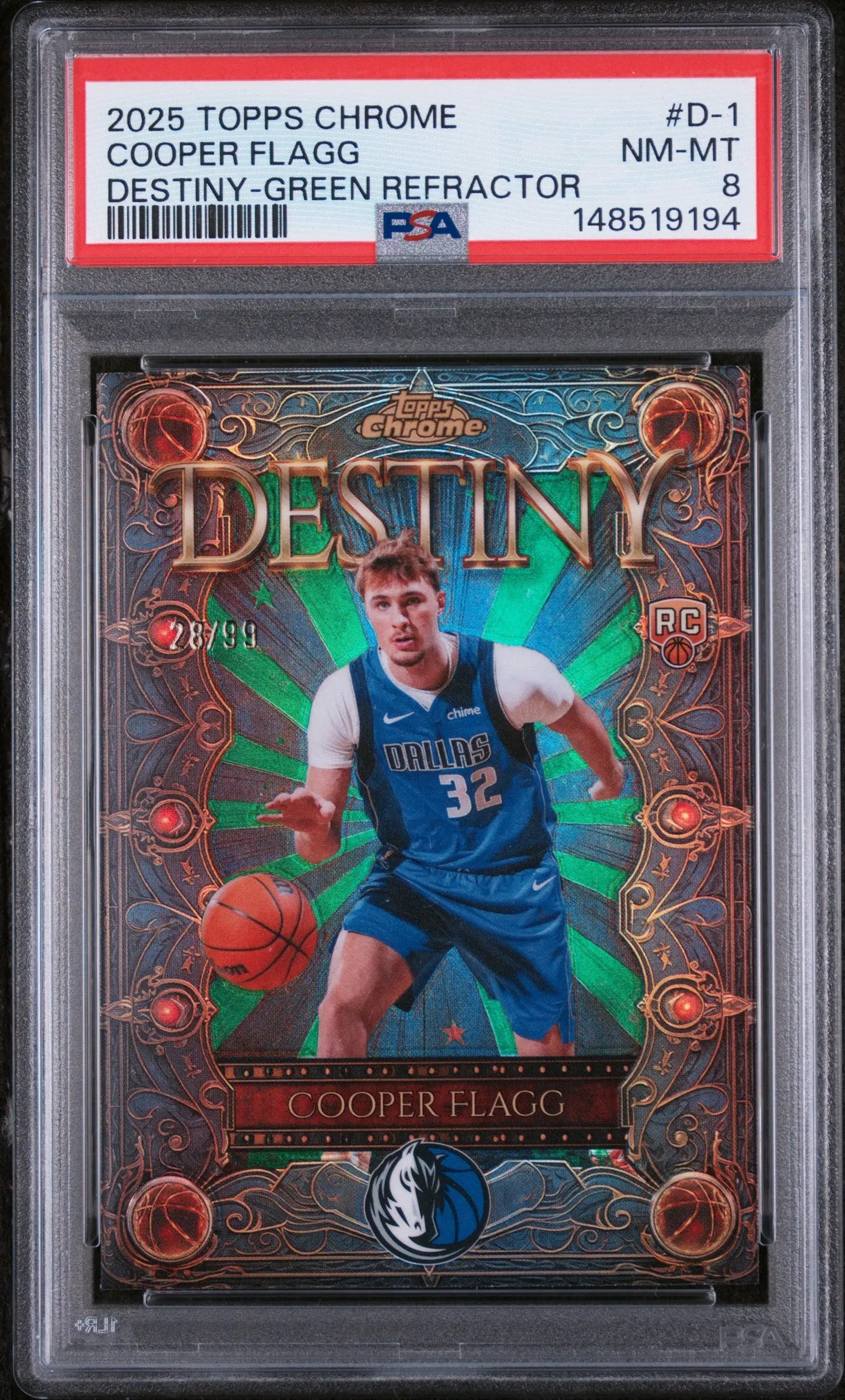 2025 Topps Chrome Destiny Rookie Cooper Flagg  Green Refractor /99 RC PSA 8 