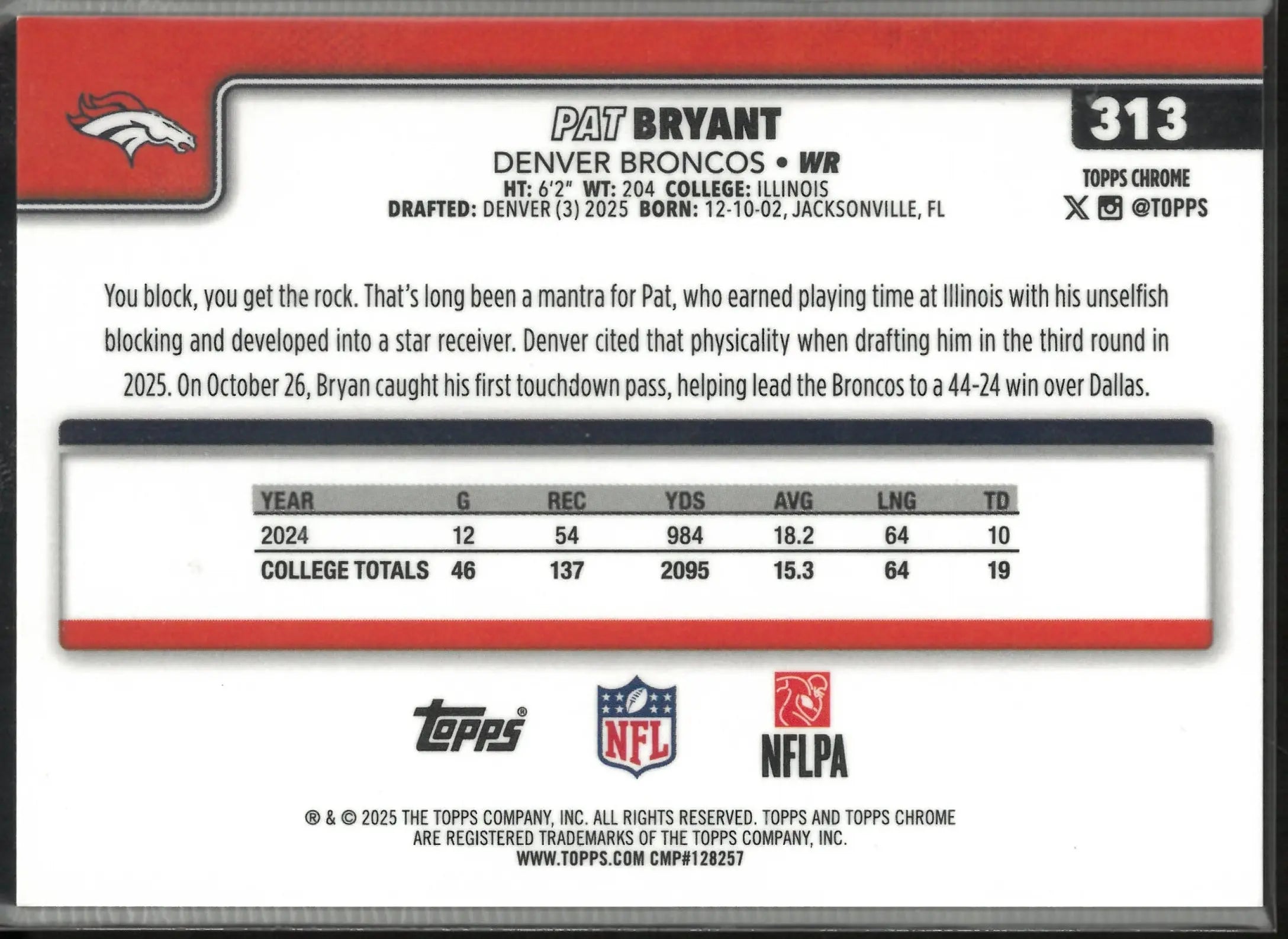 2025 Topps Chrome Football Orange Geometric Refractor Rookie Pat Bryant /25 