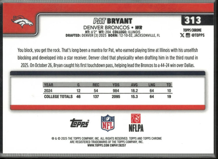2025 Topps Chrome Football Orange Geometric Refractor Rookie Pat Bryant /25 