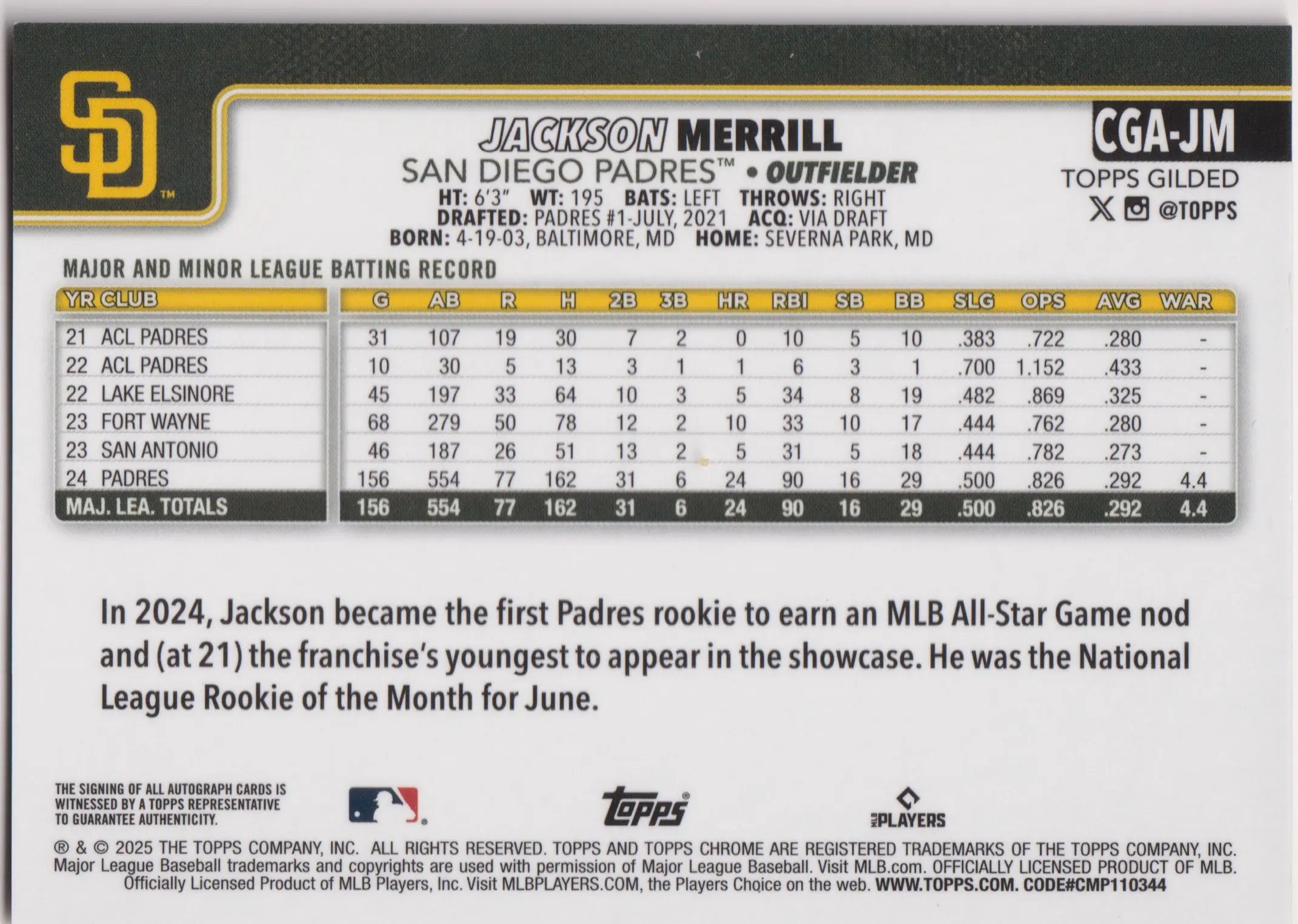 2025 Topps Chrome Gilded Autograph Jackson Merill Auto Gold /75 