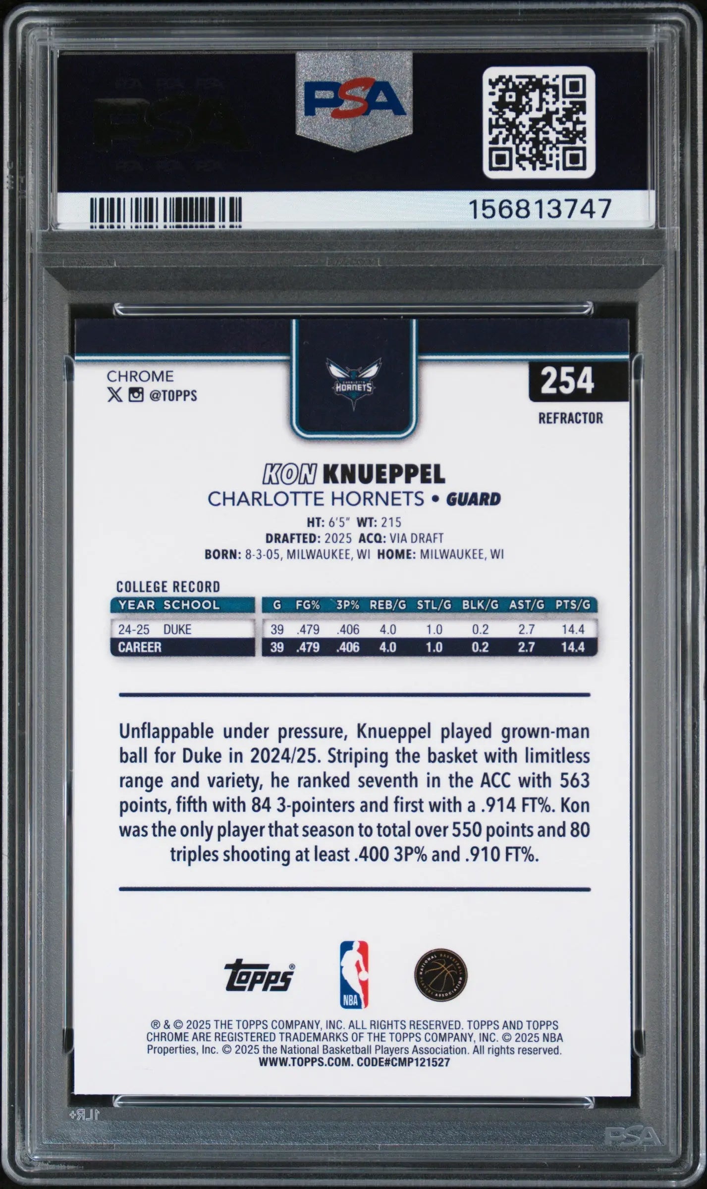 2025 Topps Chrome Kon Knueppel RC Rookie Refractor PSA 10 