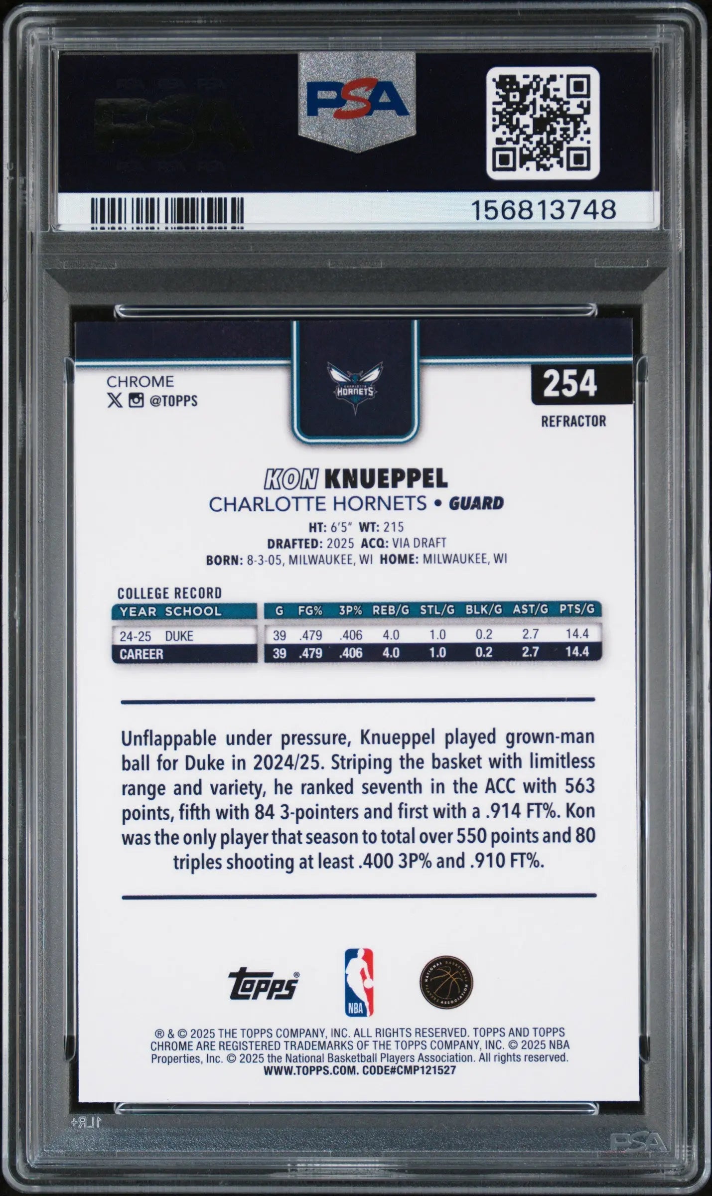 2025 Topps Chrome Kon Knueppel RC Rookie Refractor PSA 10 