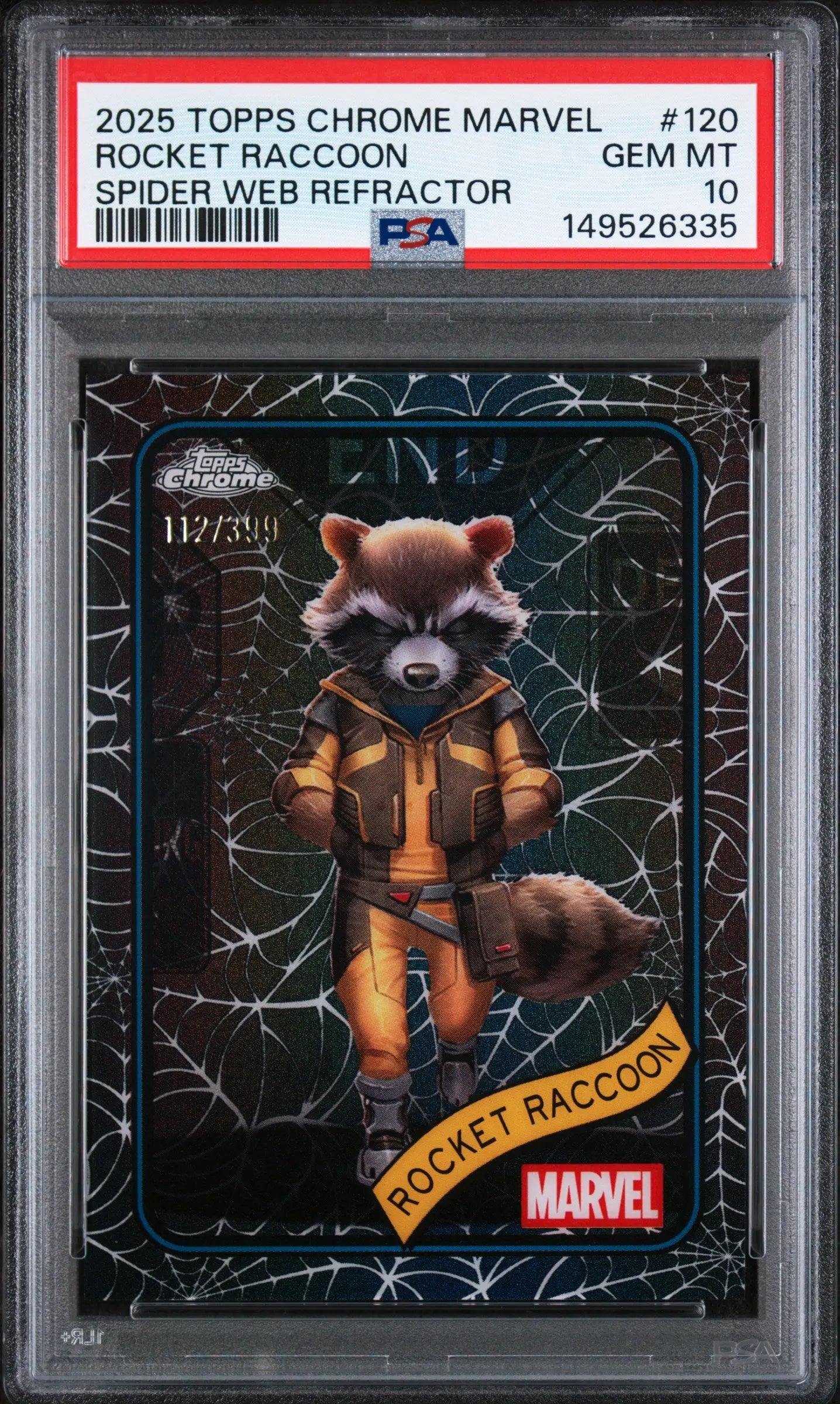 2025 Topps Chrome Marvel Rocket Raccoon #120 Spider Web Refractor /399 PSA 10 