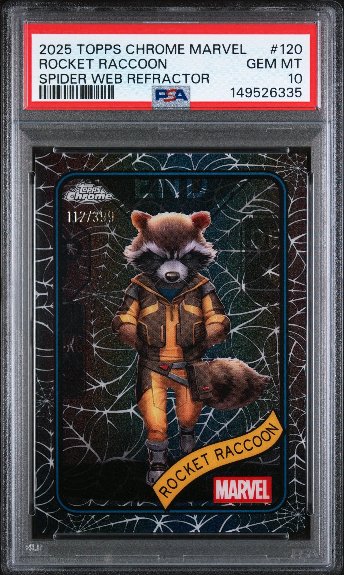 2025 Topps Chrome Marvel Rocket Raccoon #120 Spider Web Refractor /399 PSA 10 