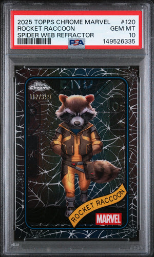 2025 Topps Chrome Marvel Rocket Raccoon #120 Spider Web Refractor /399 PSA 10 