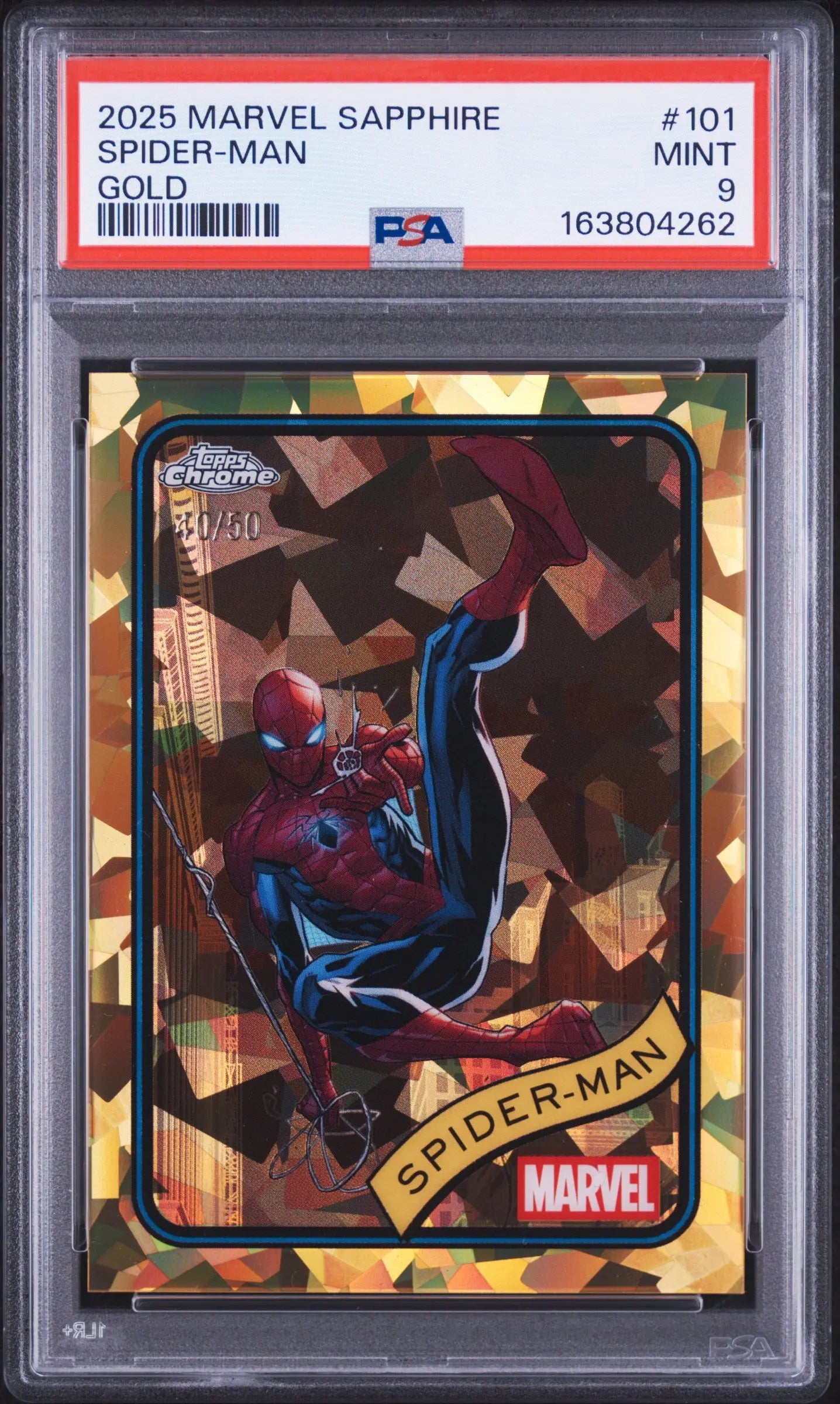 2025 Topps Chrome Marvel Sapphire Edition Spider-Man Gold /50 PSA 9 