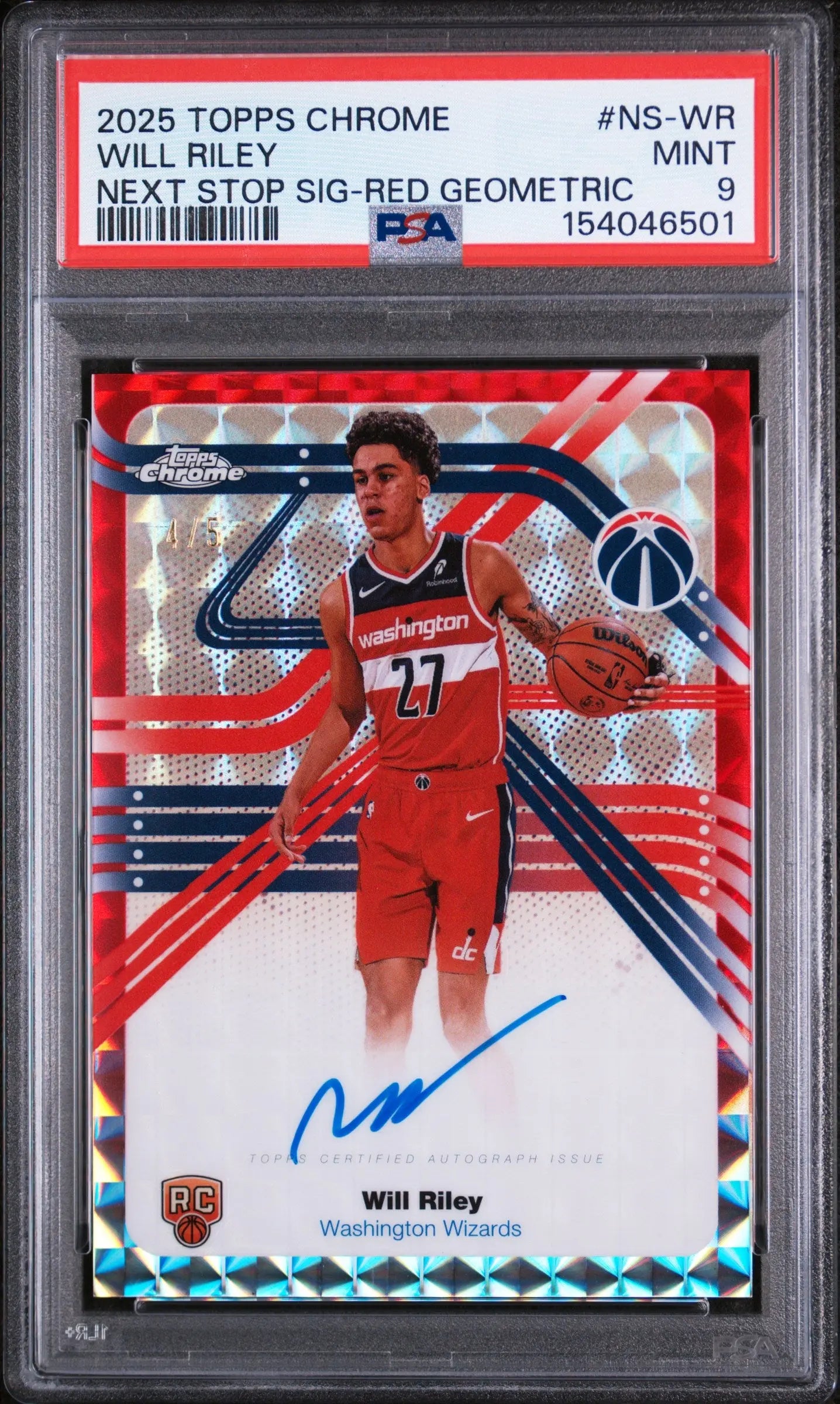 2025 Topps Chrome Next Stop Rookie Autograph Will Riley Red Geometric RC PSA 9 