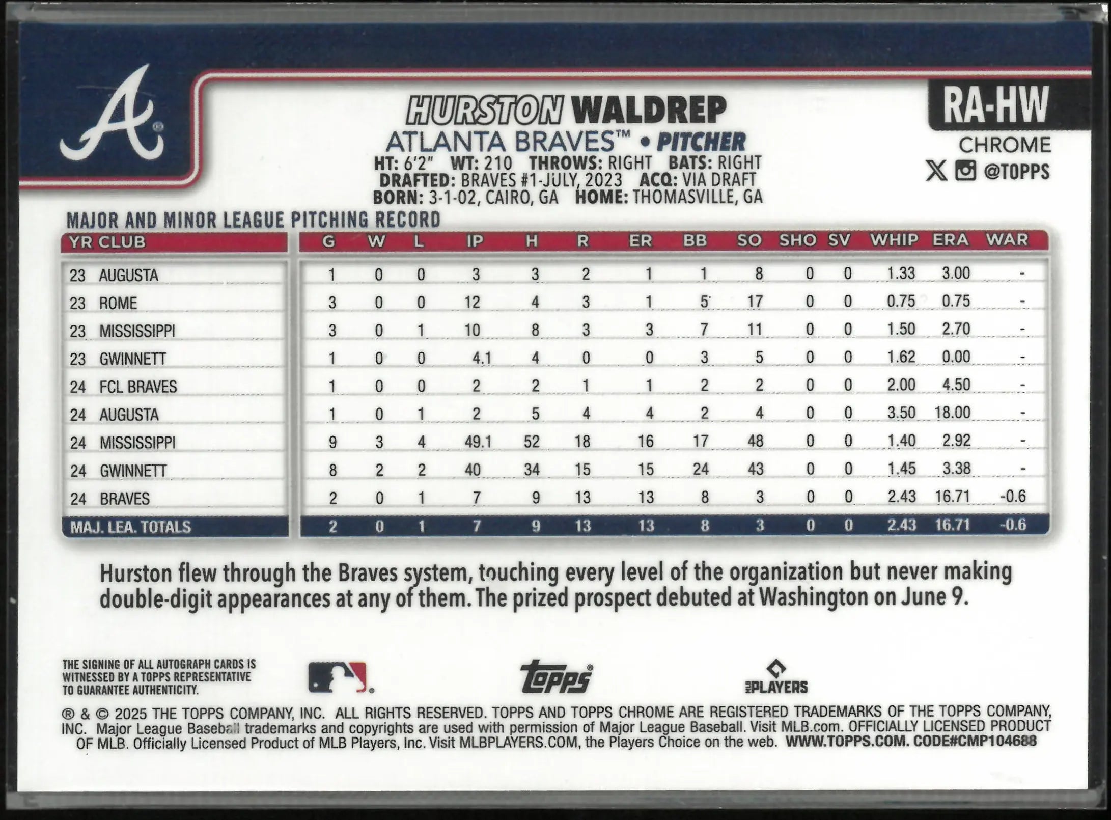 2025 Topps Chrome Pink Lava Refractor Rookie Auto Hurston Waldrep /299 #RA-HW 