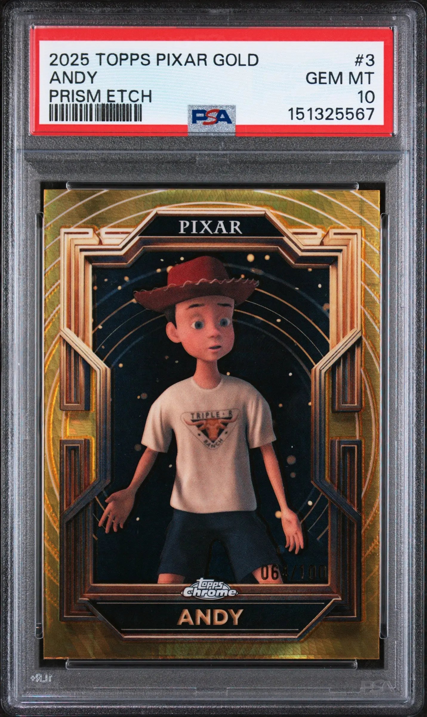 2025 Topps Chrome Pixar Andy Gold Prism /100  PSA 10 