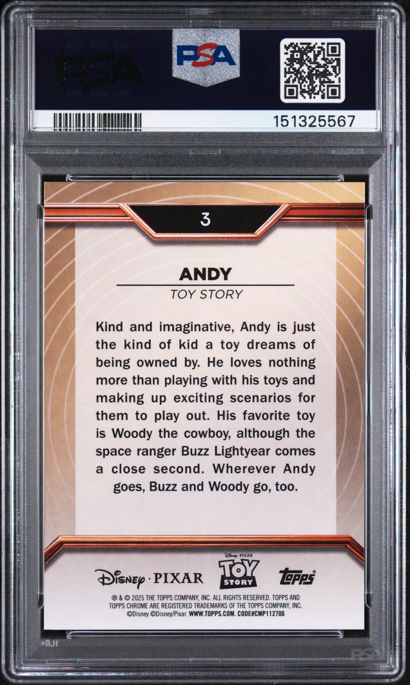 2025 Topps Chrome Pixar Andy Gold Prism /100  PSA 10 