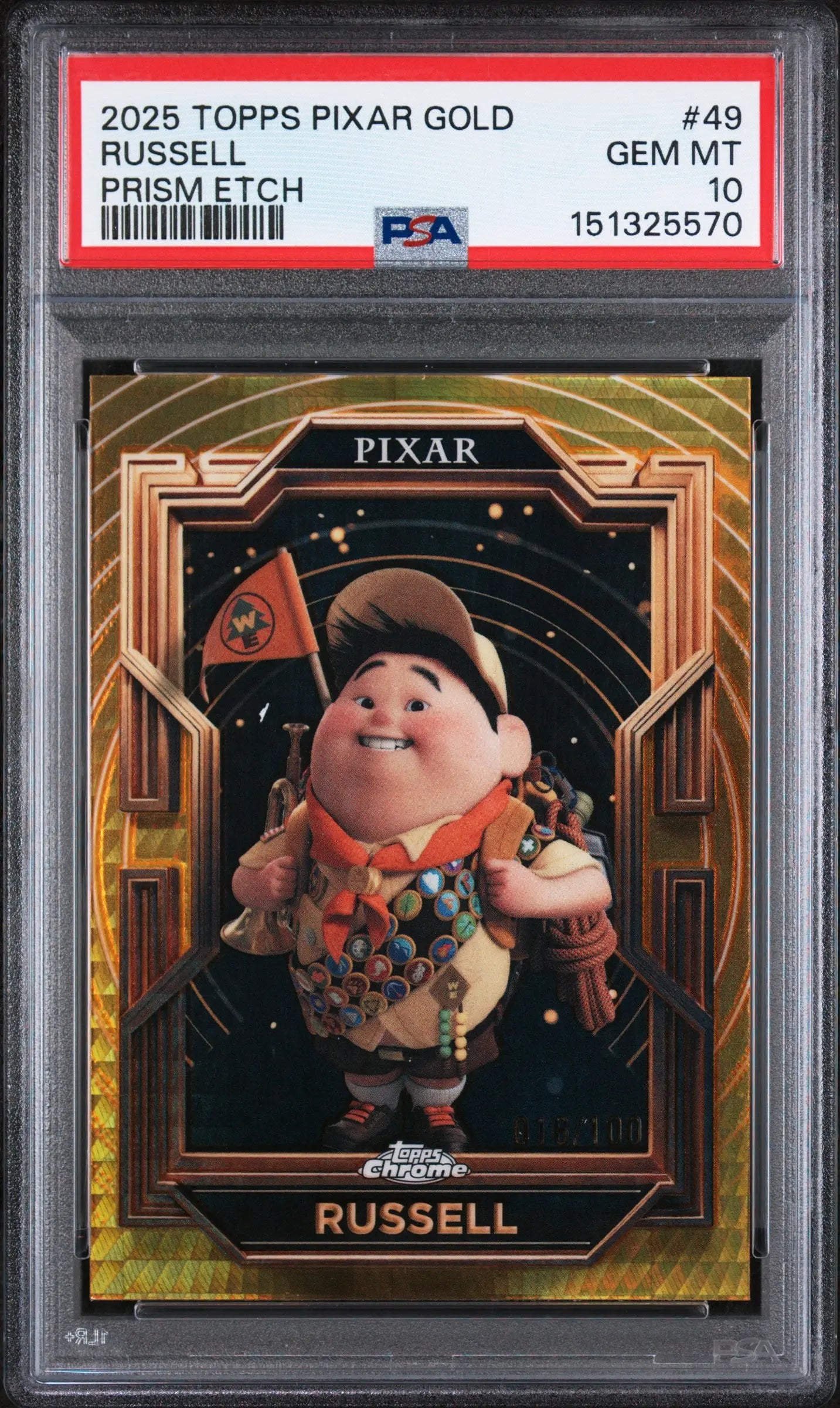 2025 Topps Chrome Pixar Russell Gold Prism /100 PSA 10 