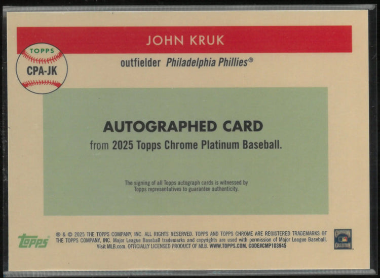2025 Topps Chrome Platinum Autograph John Kruk Auto Gold /50 