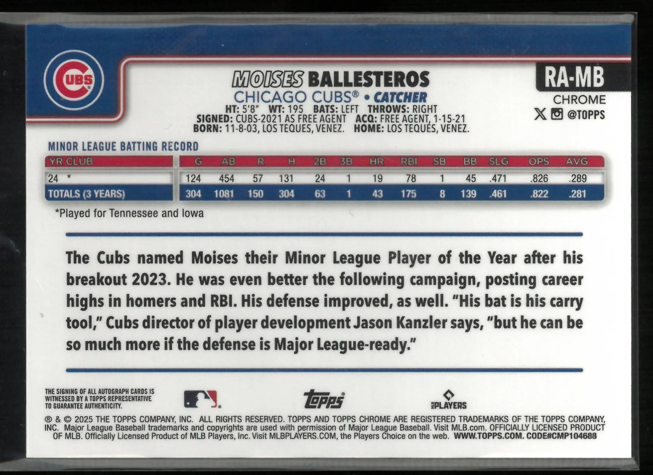 2025 Topps Chrome RC Auto Moises Ballesteros Green Yellow Lava Lamp /125 